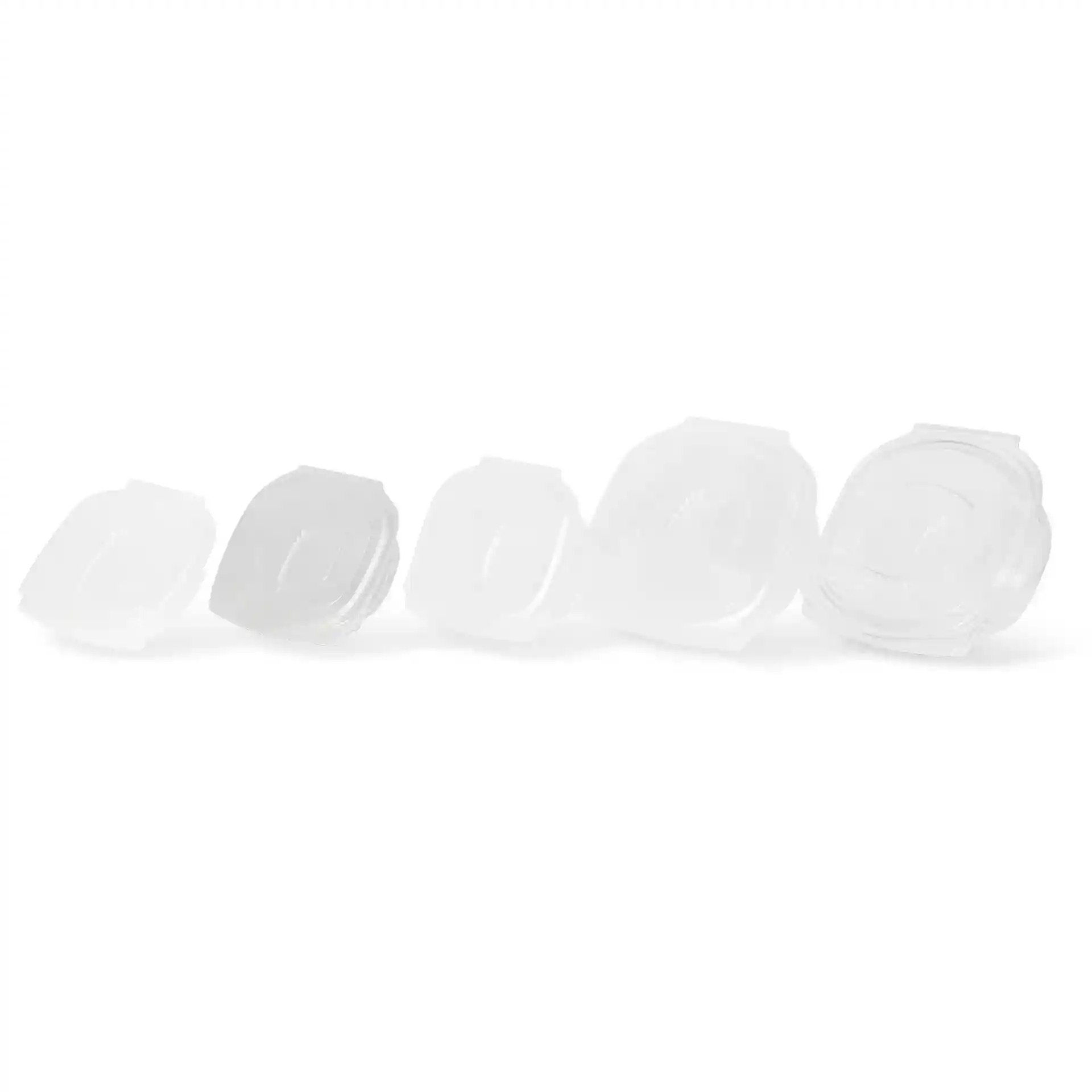 Set of transparent rectangular PLA deli bowls with folding lids, varying in size from small to large.