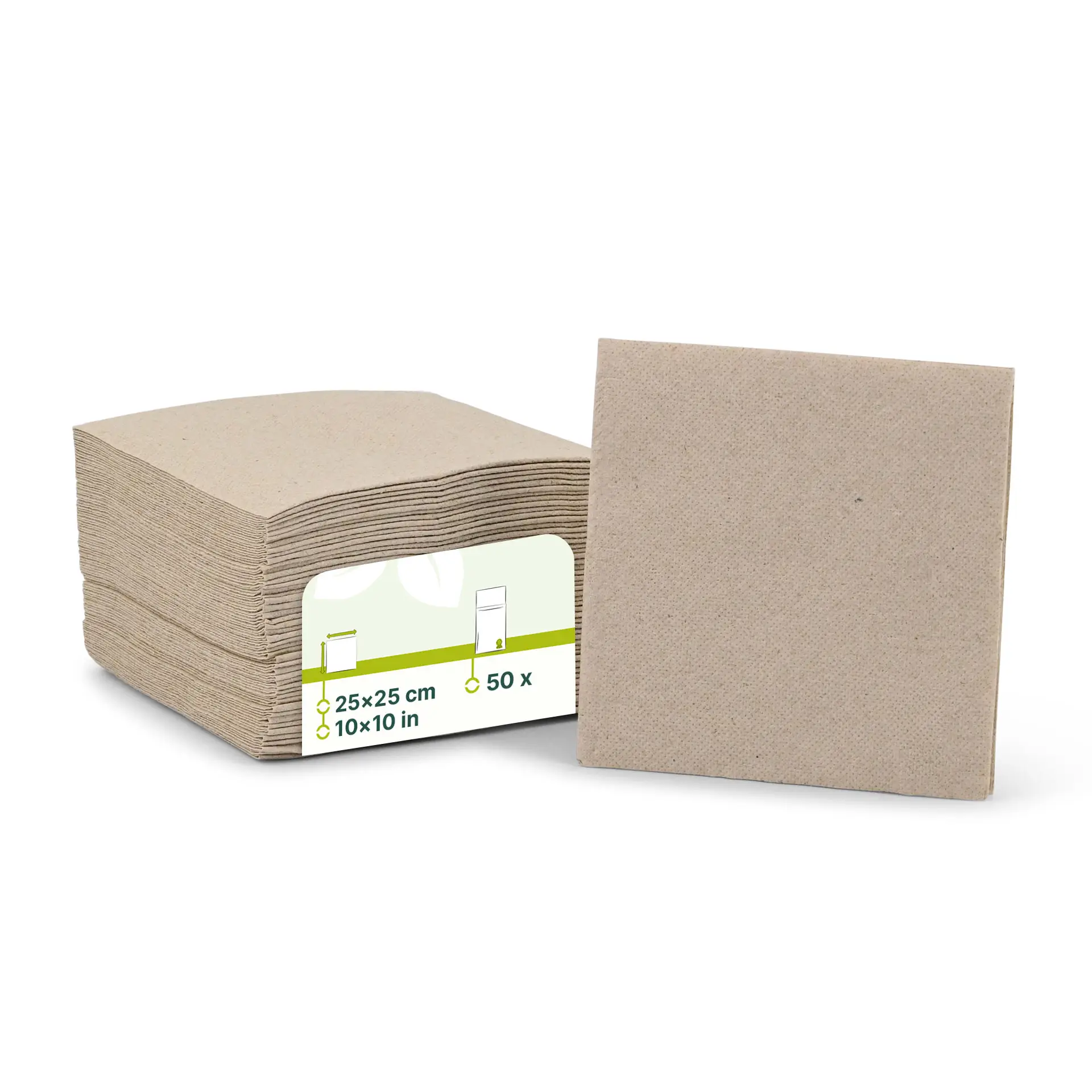 Stapel aus ungebleichten Recycling-Papierservietten, quadratisch, 25 x 25 cm, mit Etikett für 50 Stück und 2-lagig.
