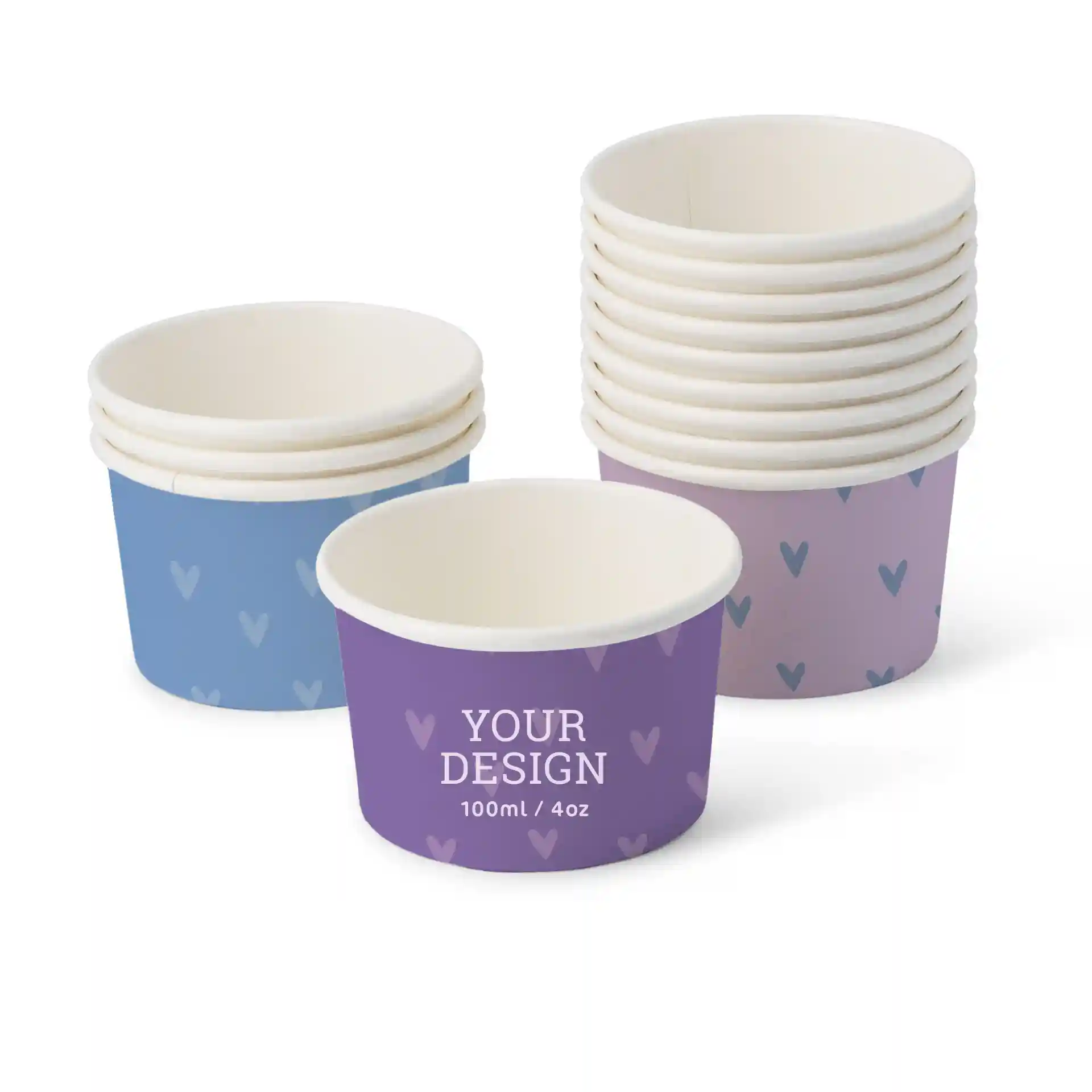 Round paperboard ice cream cups in blue and purple with heart patterns, one cup shown with a design label.