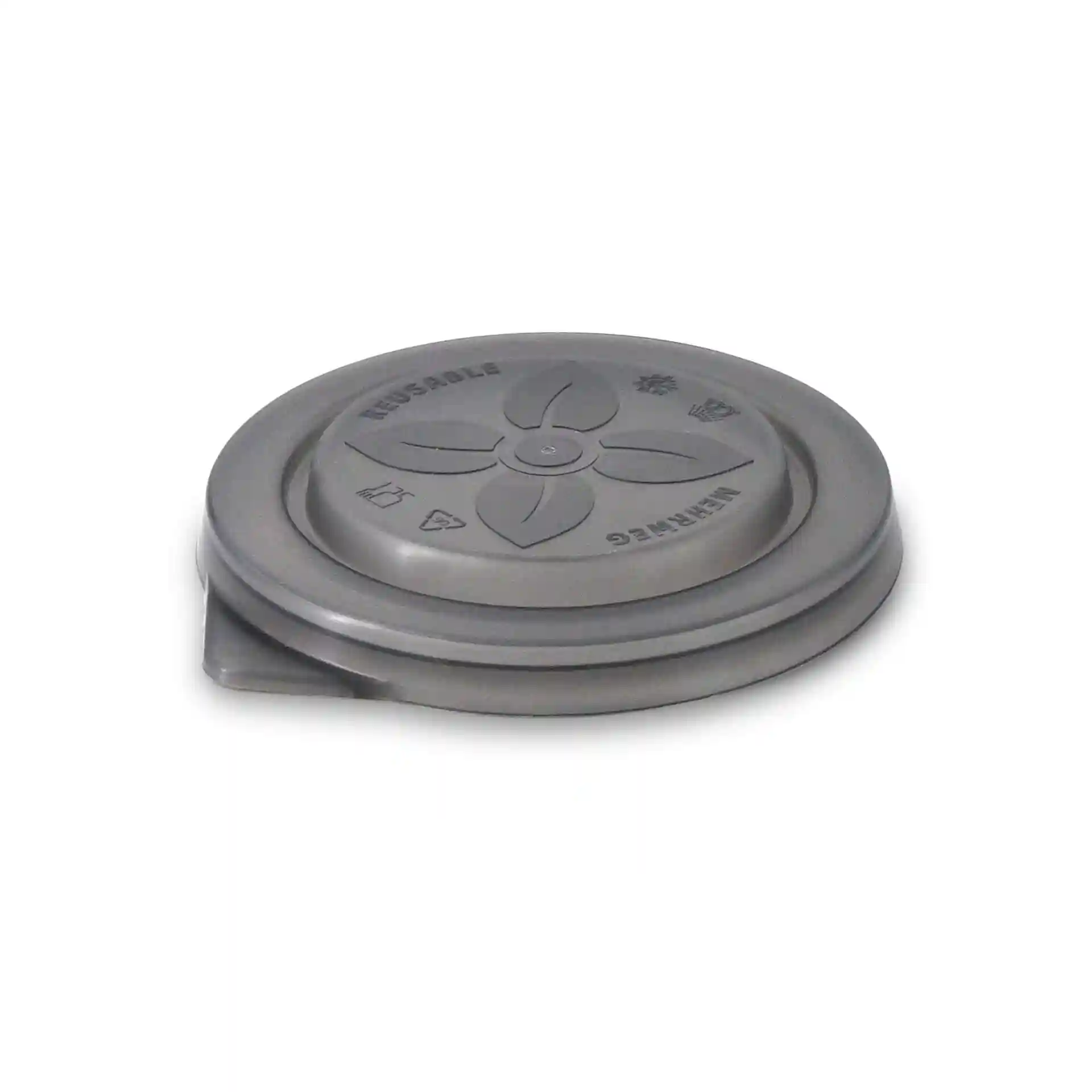 Grey reusable lid for "merways Cup," round shape with a diameter of 95 mm and height of 15 mm.