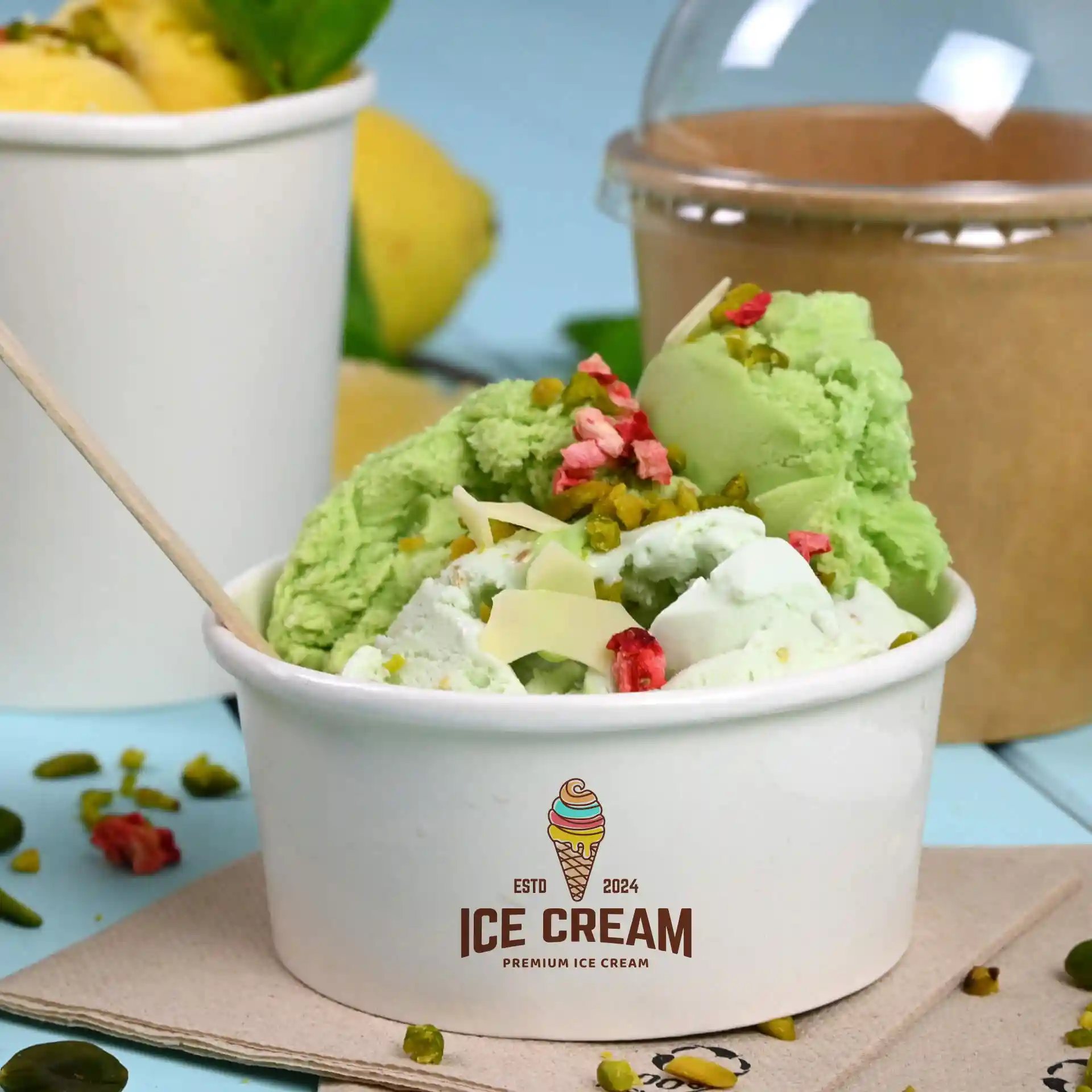 White ice cream cup filled with green and white ice cream, topped with nuts and fruit pieces, with a wooden spoon.