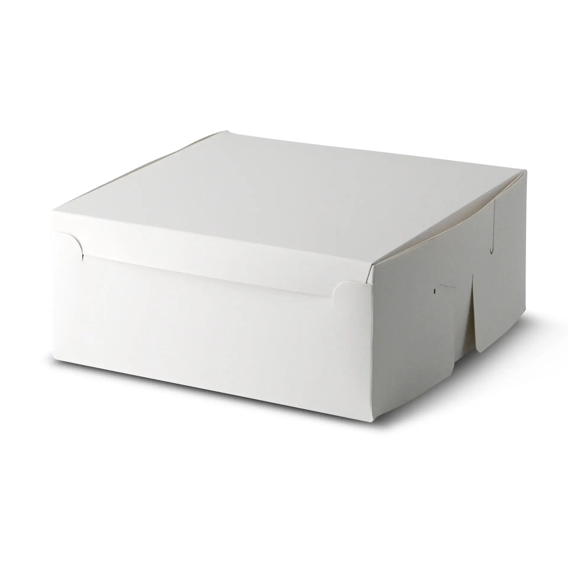 Weiße Kuchenbox in quadratischer Form, 23 x 23 x 10 cm groß.