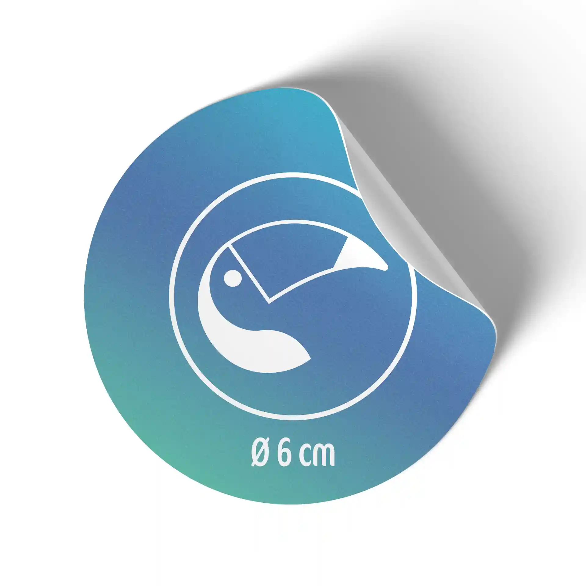 Round label with a blue gradient background and white design, measuring 6 cm in diameter.