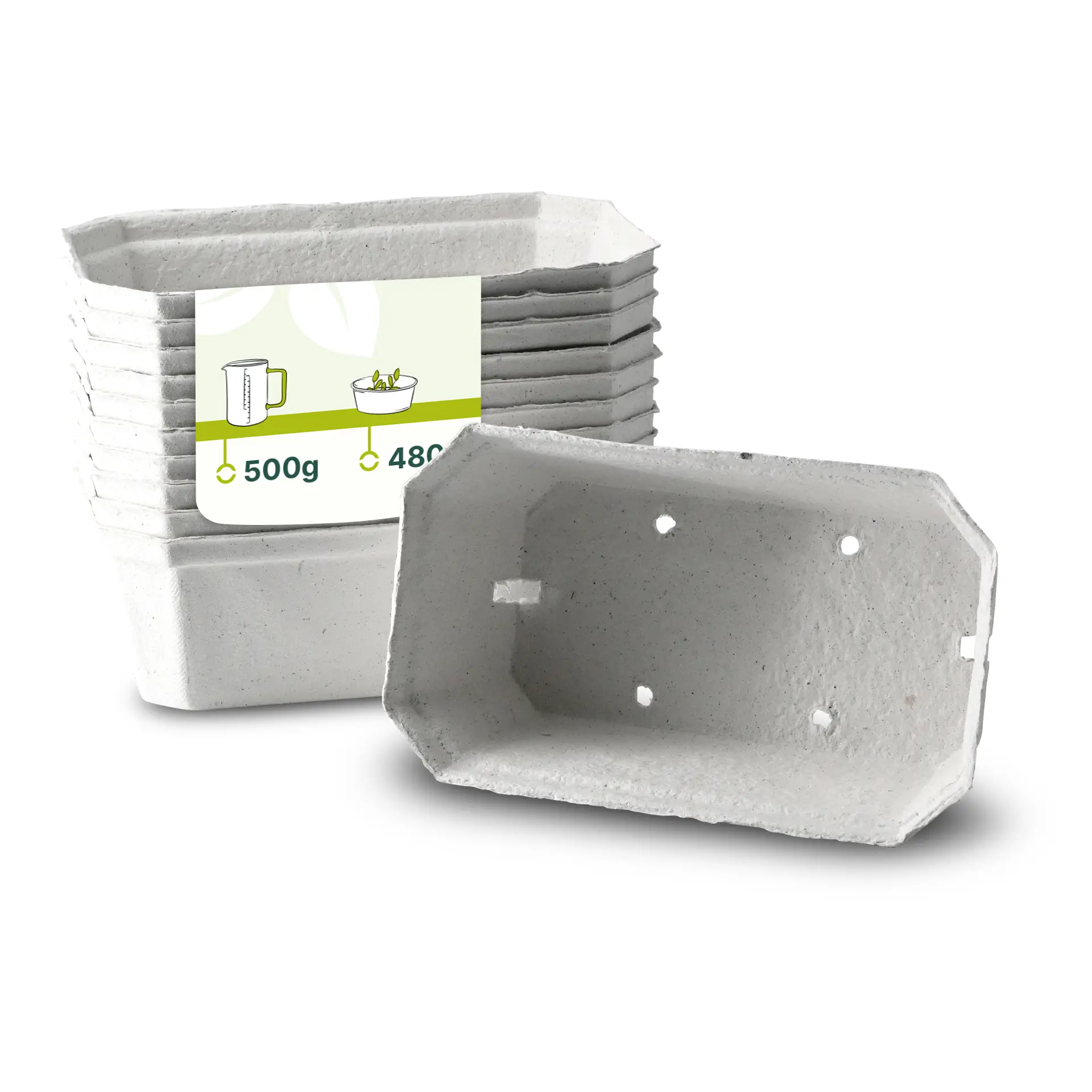 One white wood pulp berry tray in focus; several similar trays stacked behind. Designed for transporting fresh berries.