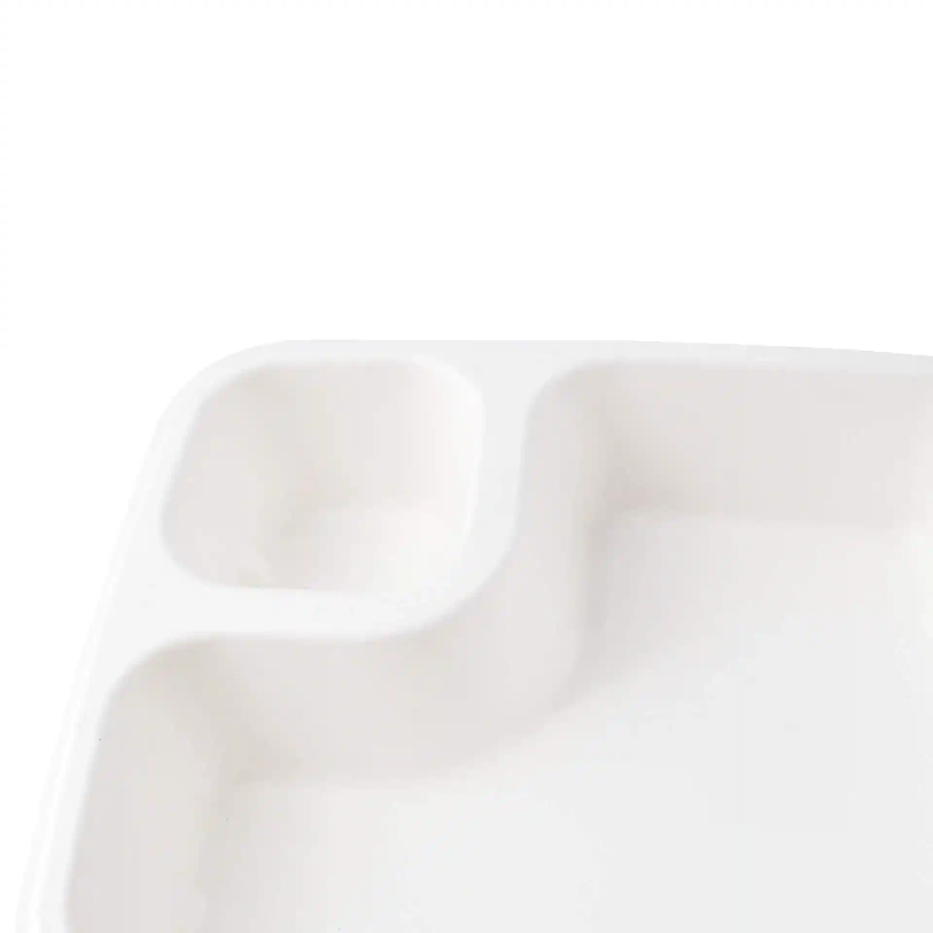 Rectangular white sugarcane dip plate with one small compartment and one larger section.