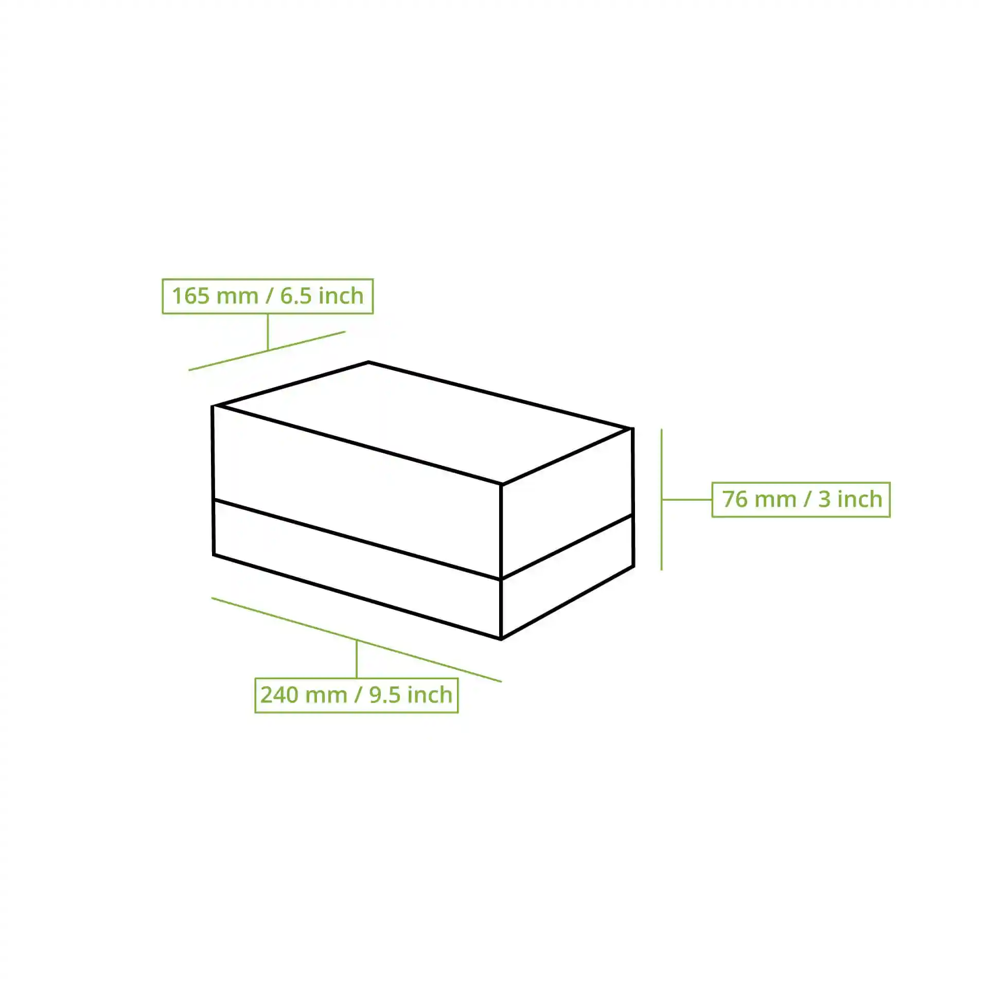 Schematic drawing of a rectangular cupcake box with dimension lines indicating 240 mm length, 165 mm width, and 76 mm height.