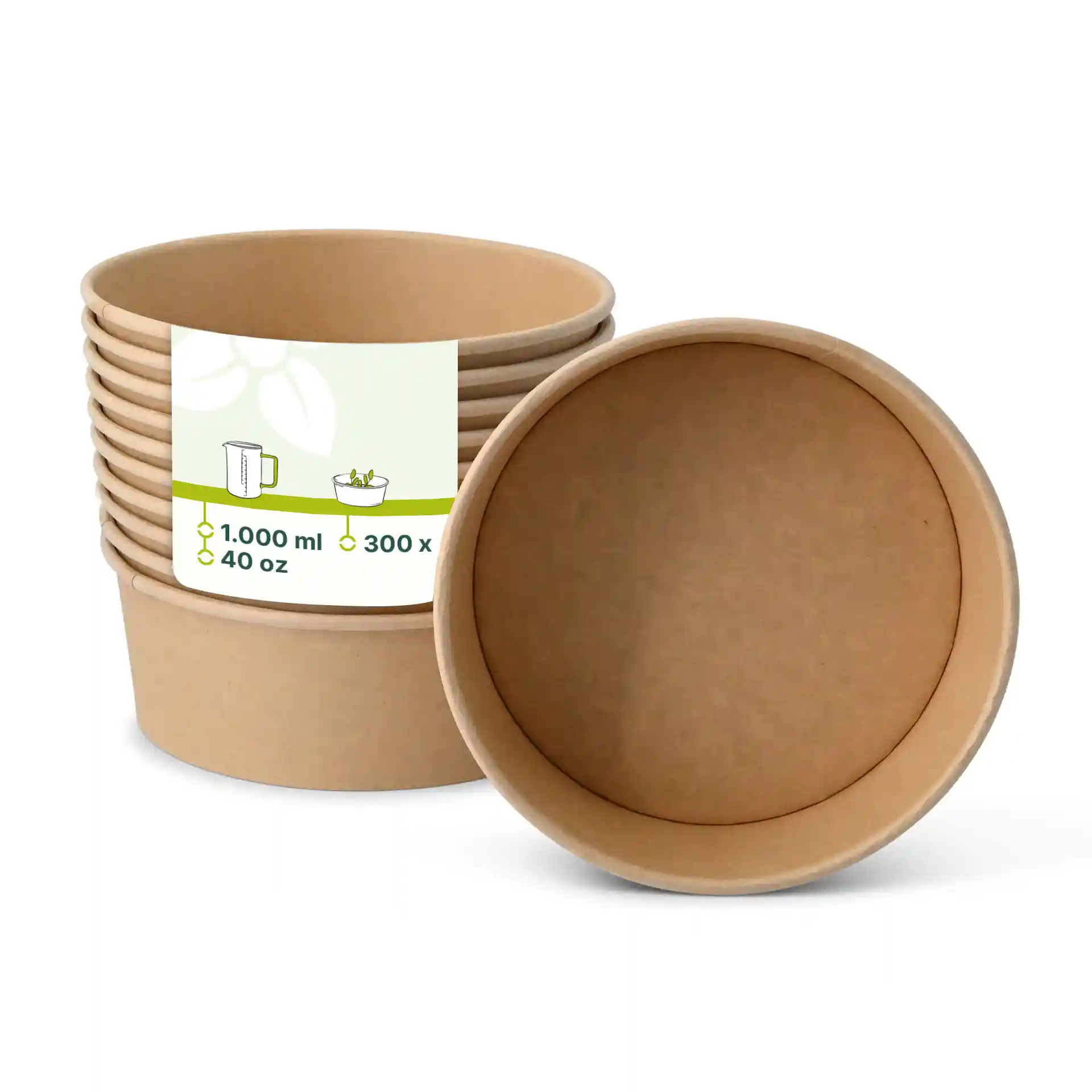 Brown round paper bowls with eco-friendly coating, 1000 ml capacity, shown stacked with one turned upside down.