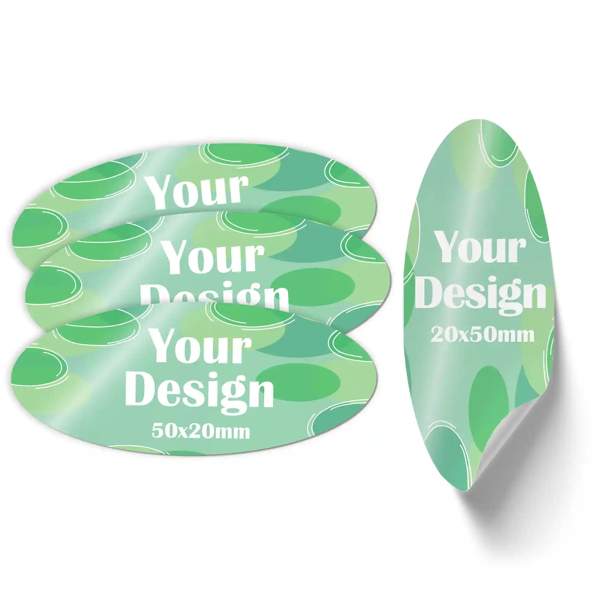 Oval printed labels on a white glossy background, featuring green designs and the text "Your Design" in white.