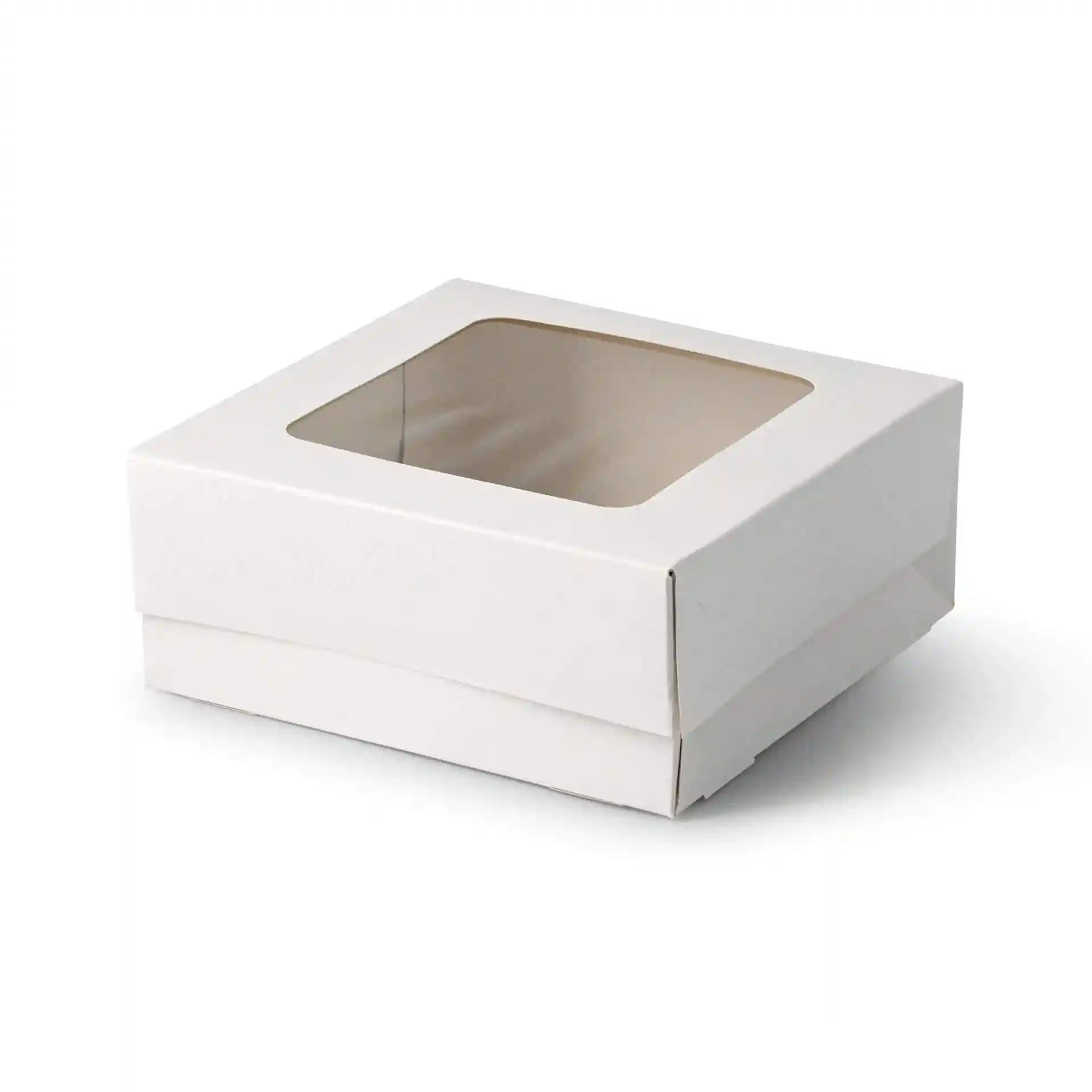 White square cardboard box with a cellulose window, measuring 18 x 18 x 7.5 cm.