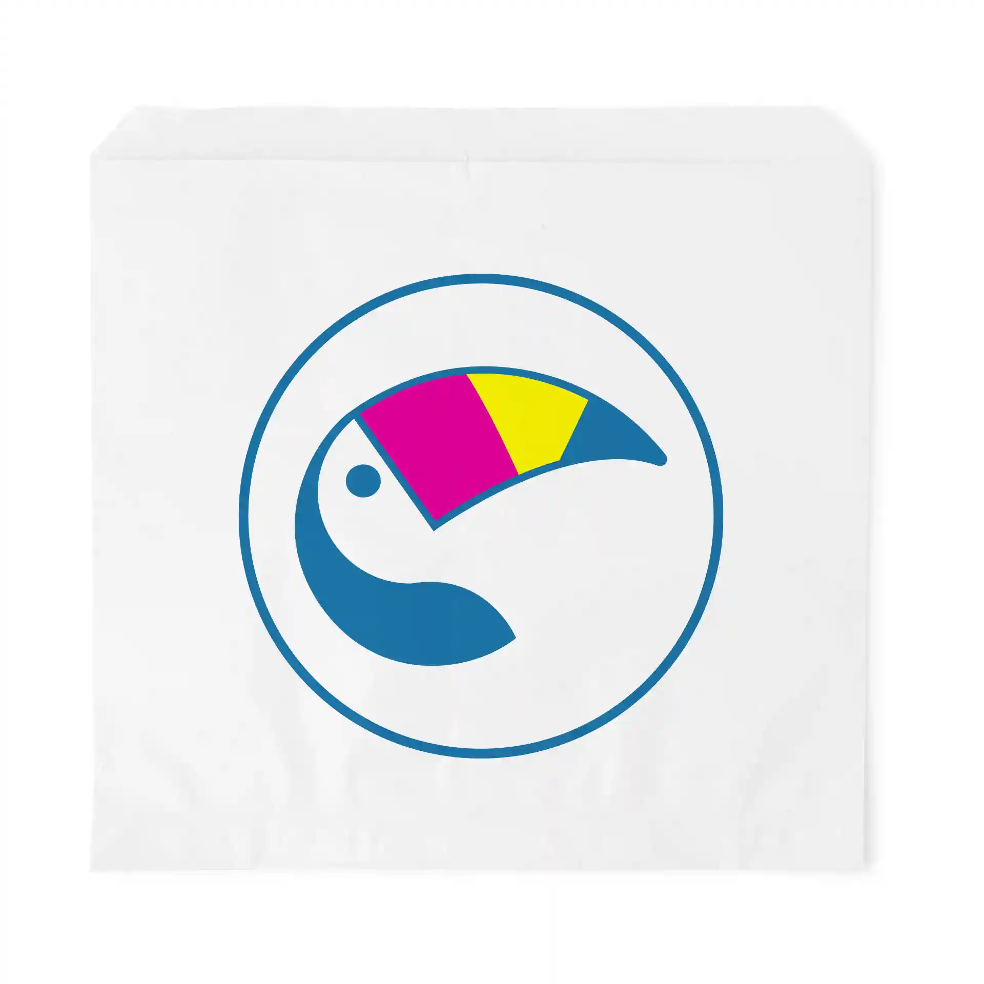 White flat bag featuring a circular blue logo with a stylized bird in pink, yellow, and blue colors.
