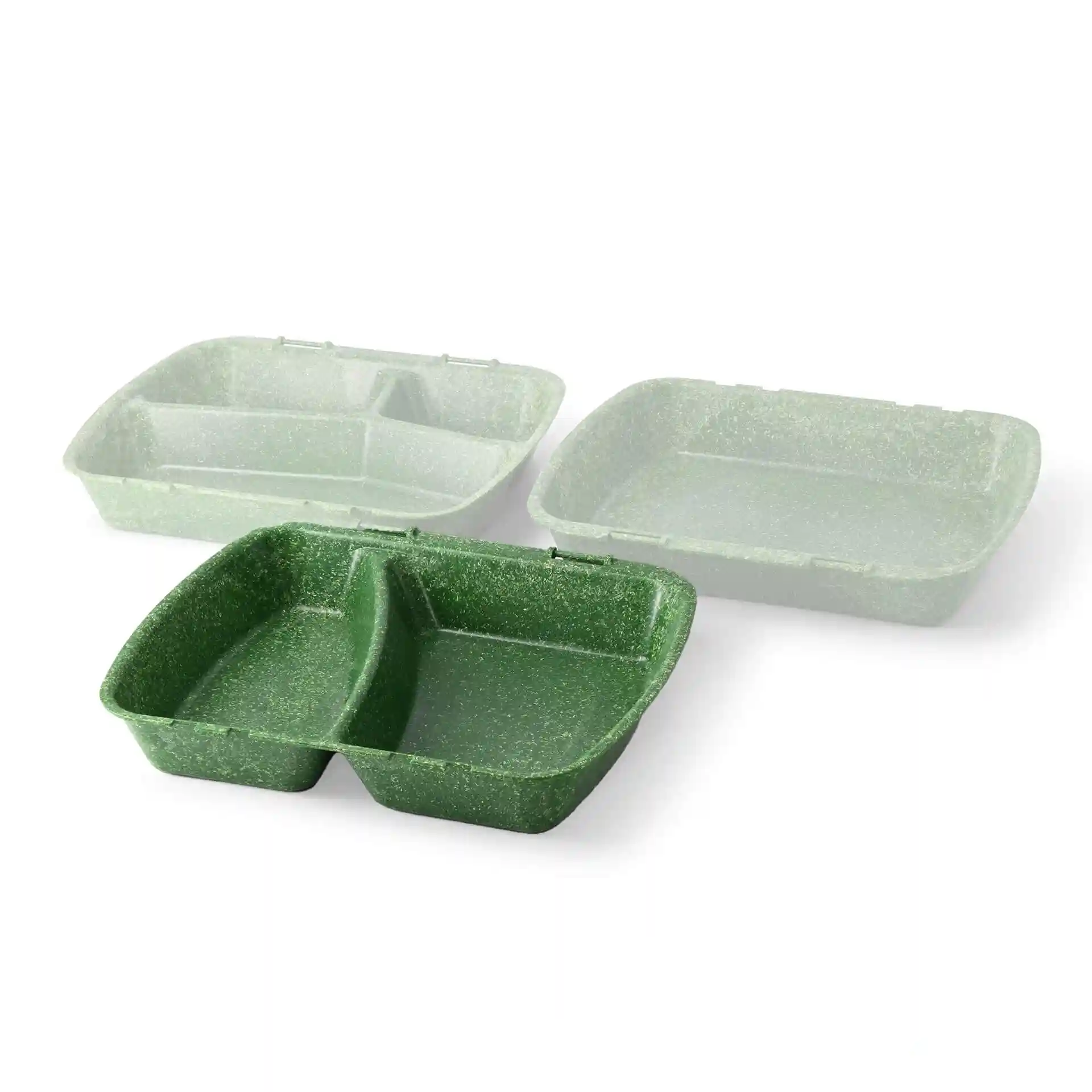 Three reusable meal containers in green, including one with two compartments and two flat containers.