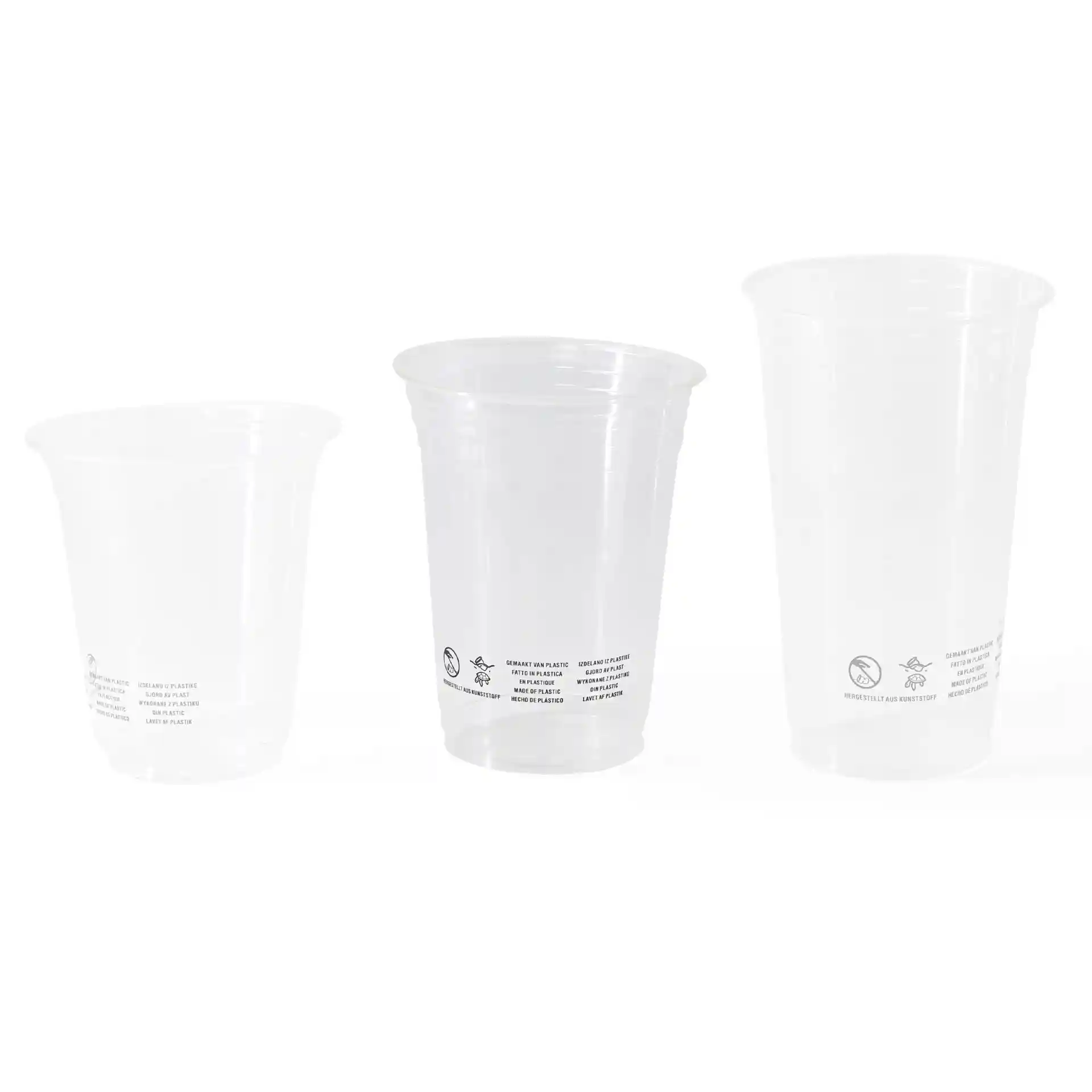 Image of three clear PLA plastic cups of varying sizes, with visible markings on the bottom.