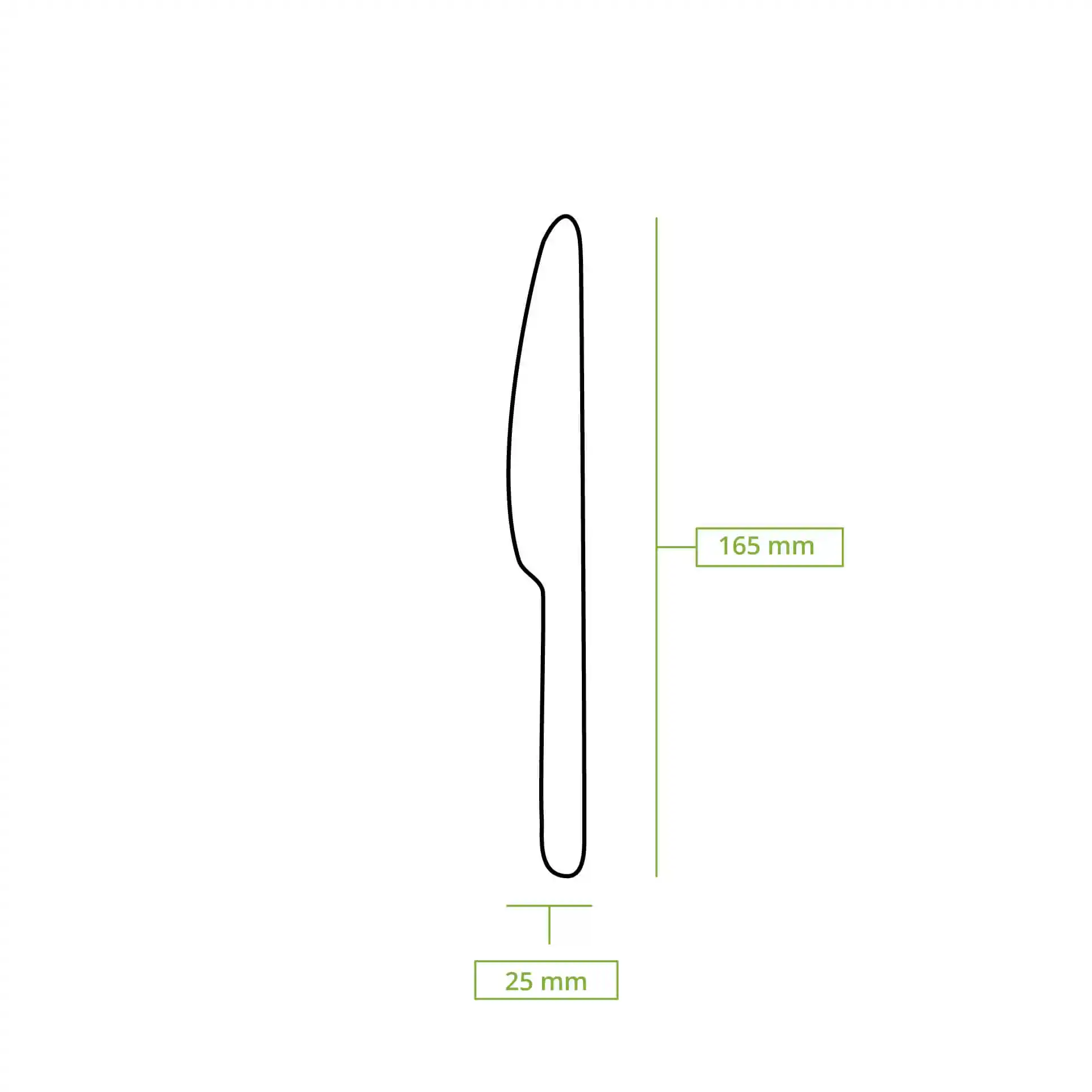 Schematic drawing of a paper knife with dimensions of 165 mm length and 25 mm width.