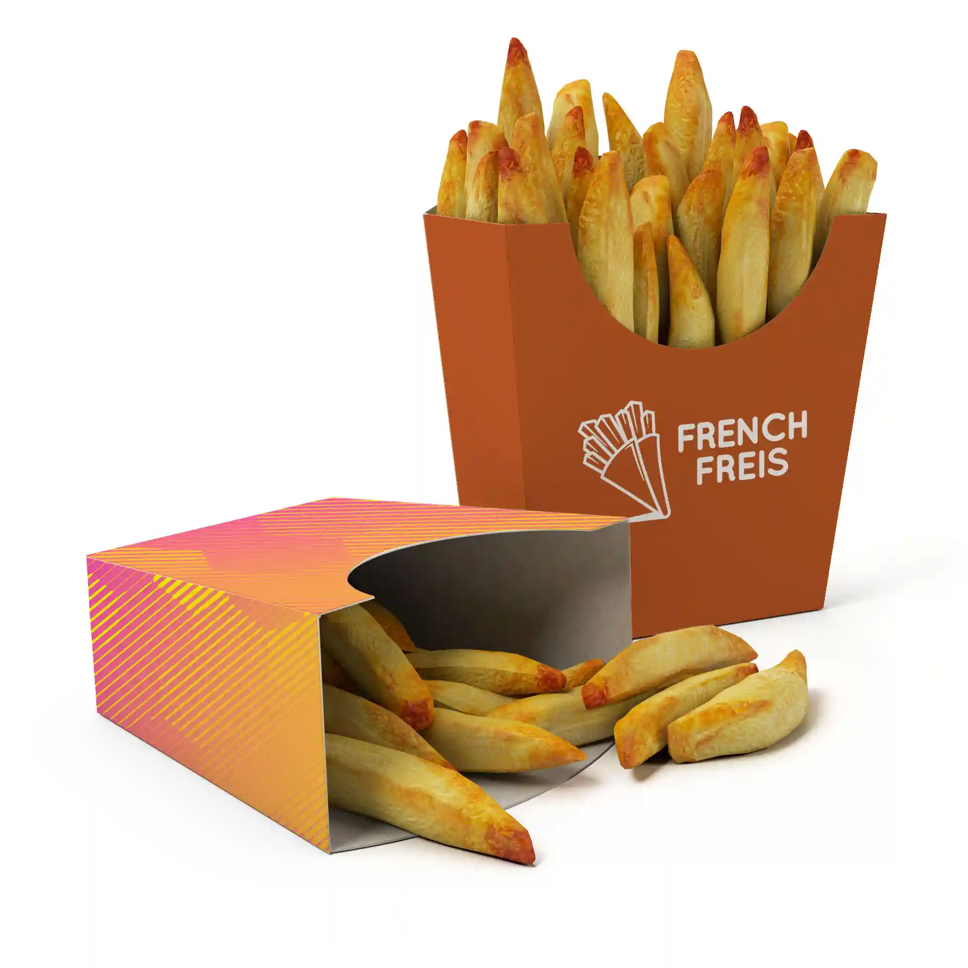 Container mit rechteckiger Form, der Pommes frites hält, orange gestaltet, mit Pommes, die aus einem zweiten Container fallen.