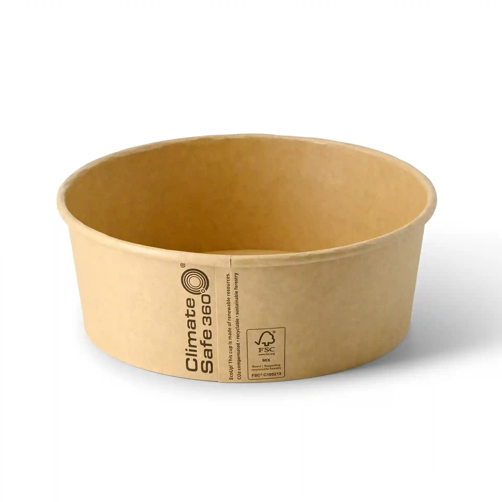 Brown round cardboard bowl with a diameter of 185 mm and a height of 65 mm.