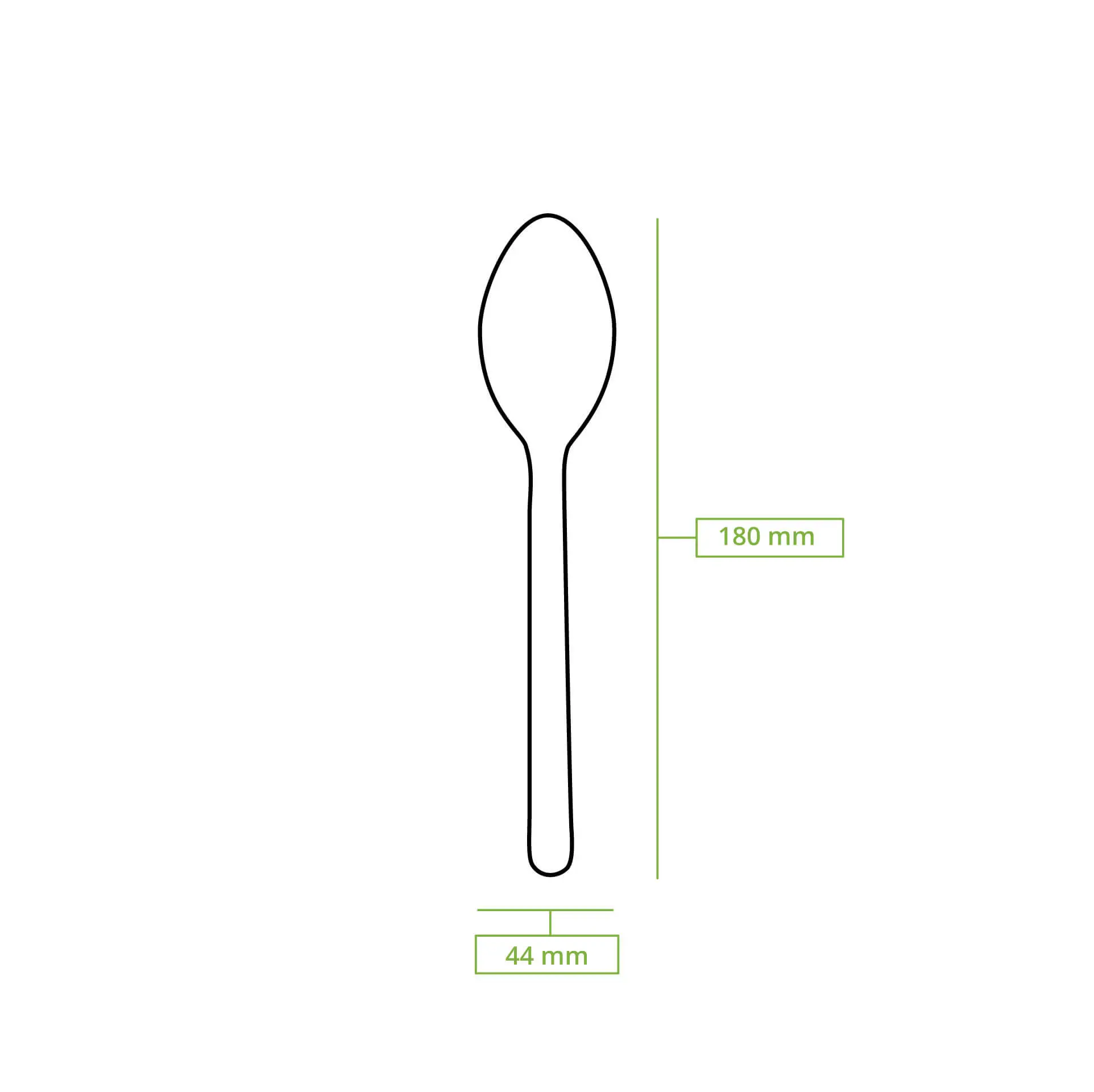 Schematic drawing of a wooden spoon with dimensions of 180 mm length and 44 mm width.
