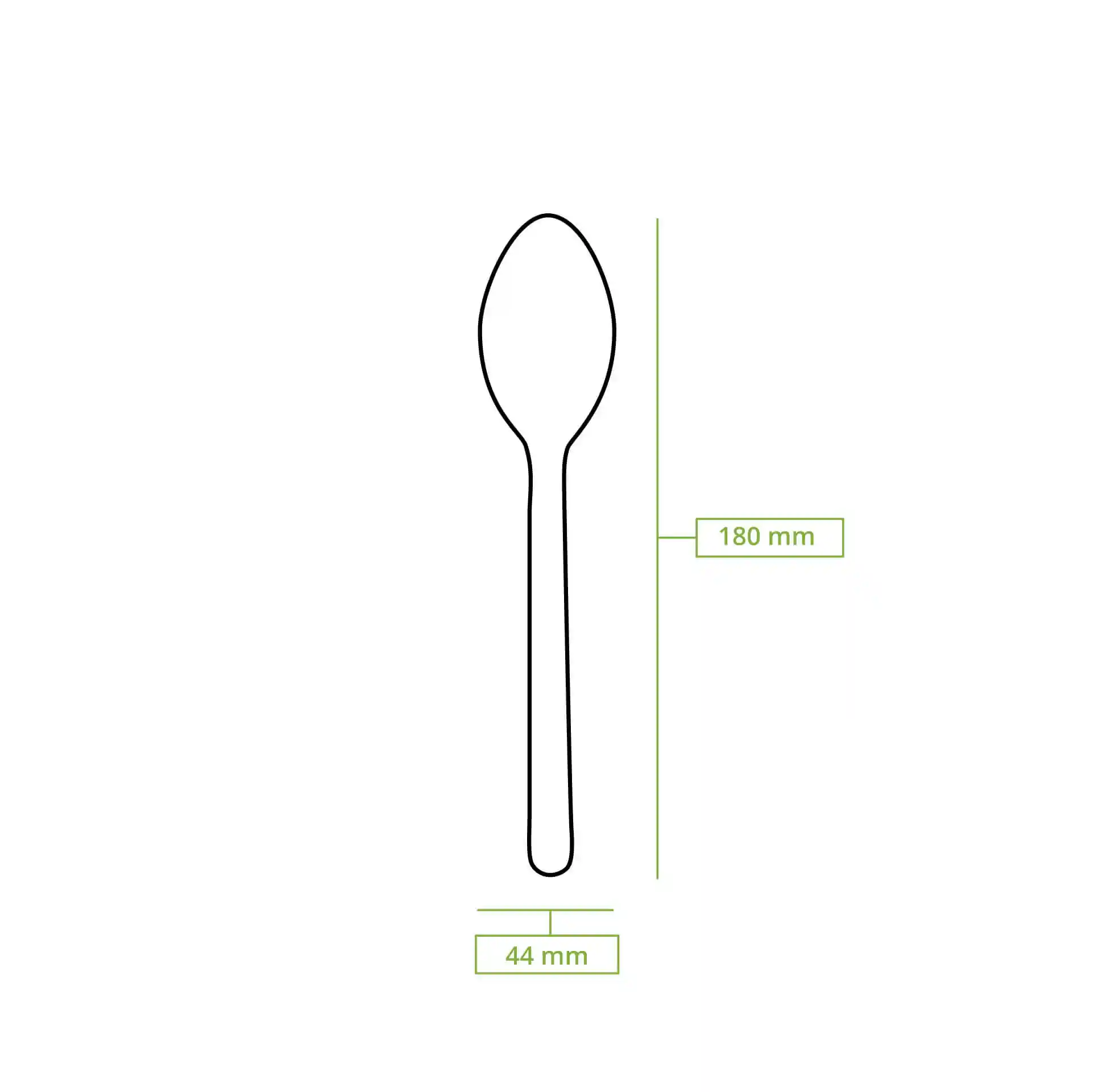 Schematische Zeichnung eines Holzlöffels mit einer Länge von 180 mm und einer Breite von 44 mm.