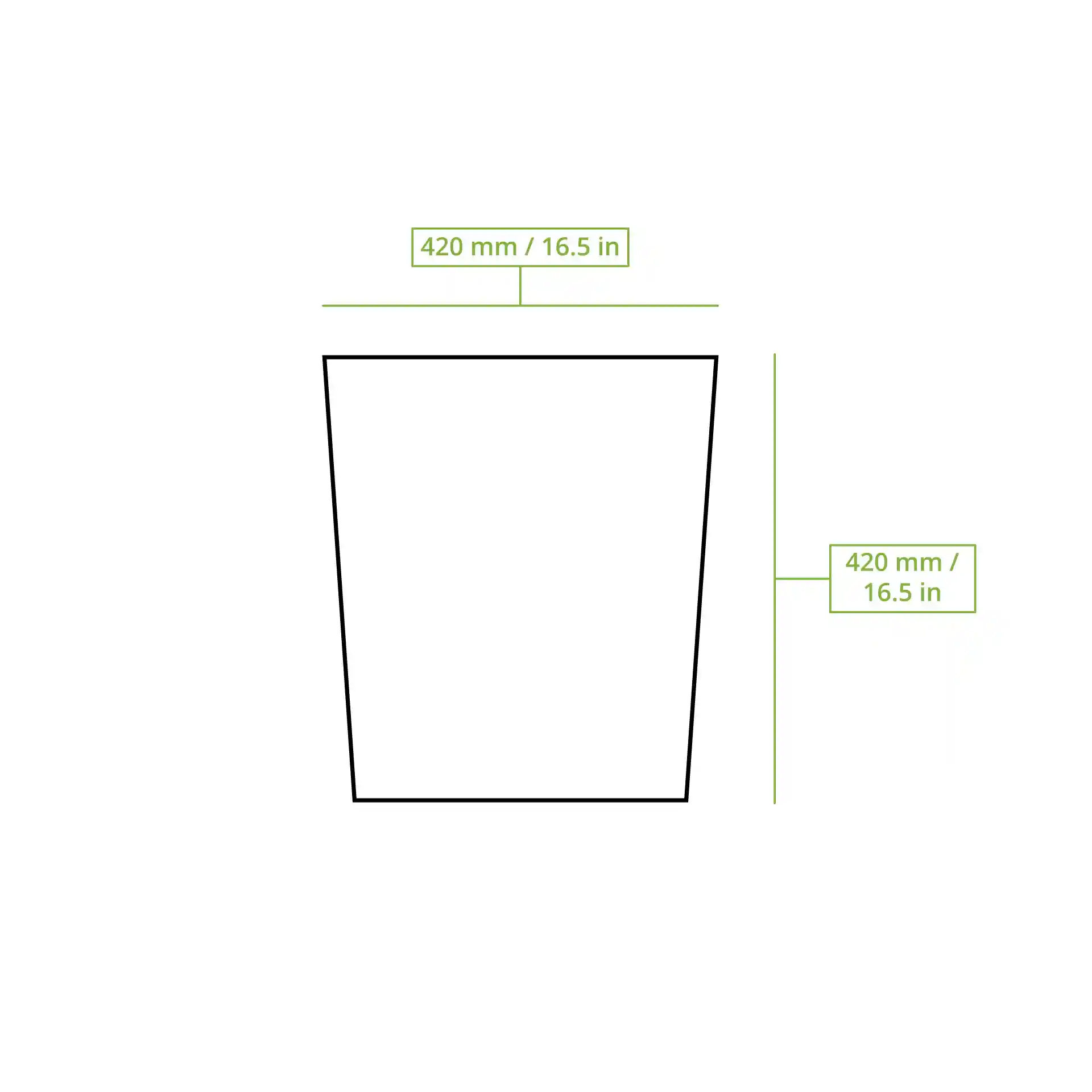 Schematische Zeichnung eines quadratischen Behälters mit den Abmessungen 420 mm x 420 mm.