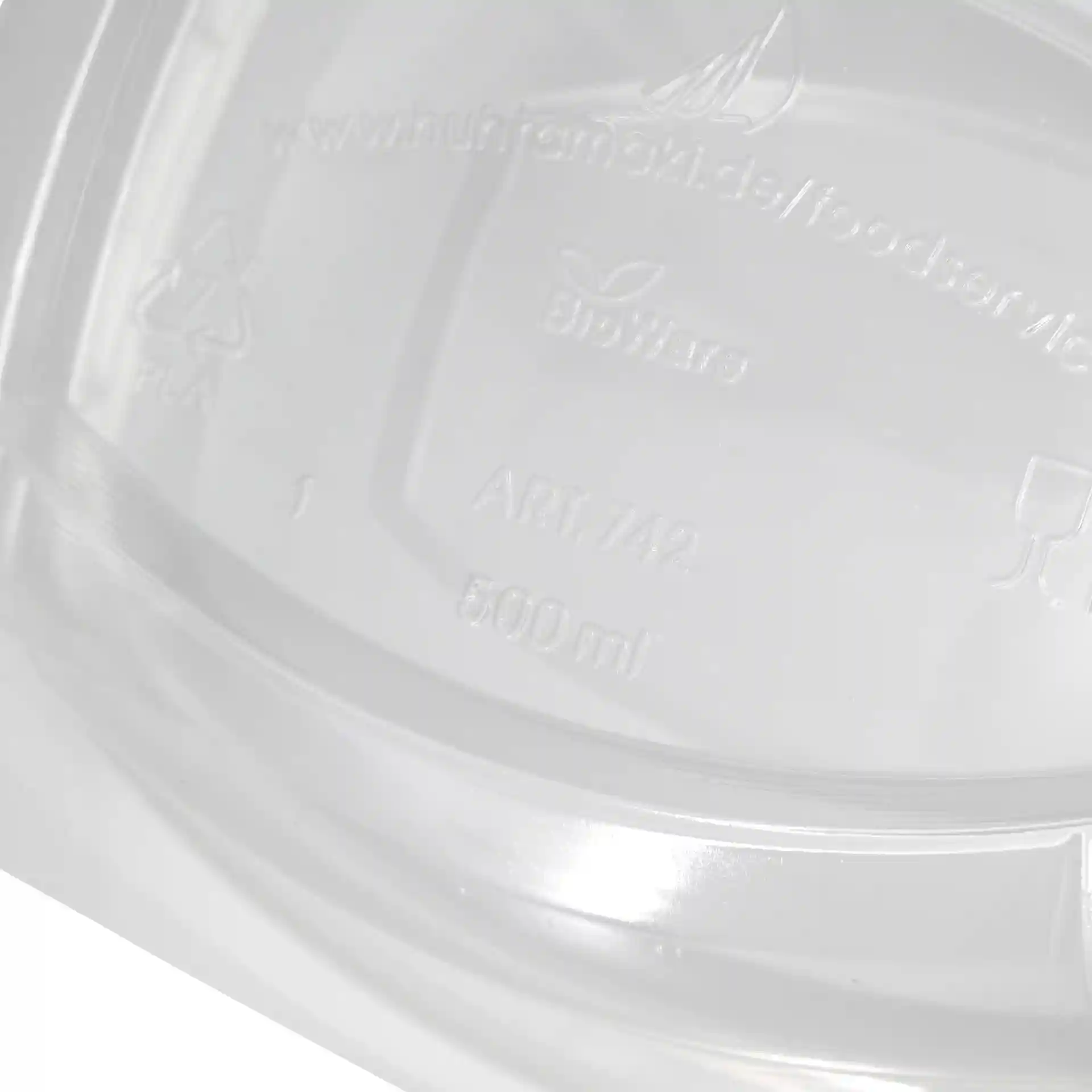 Transparente rechteckige PLA-Delischale mit 500 ml Fassungsvermögen, mit Markierungen am Boden.