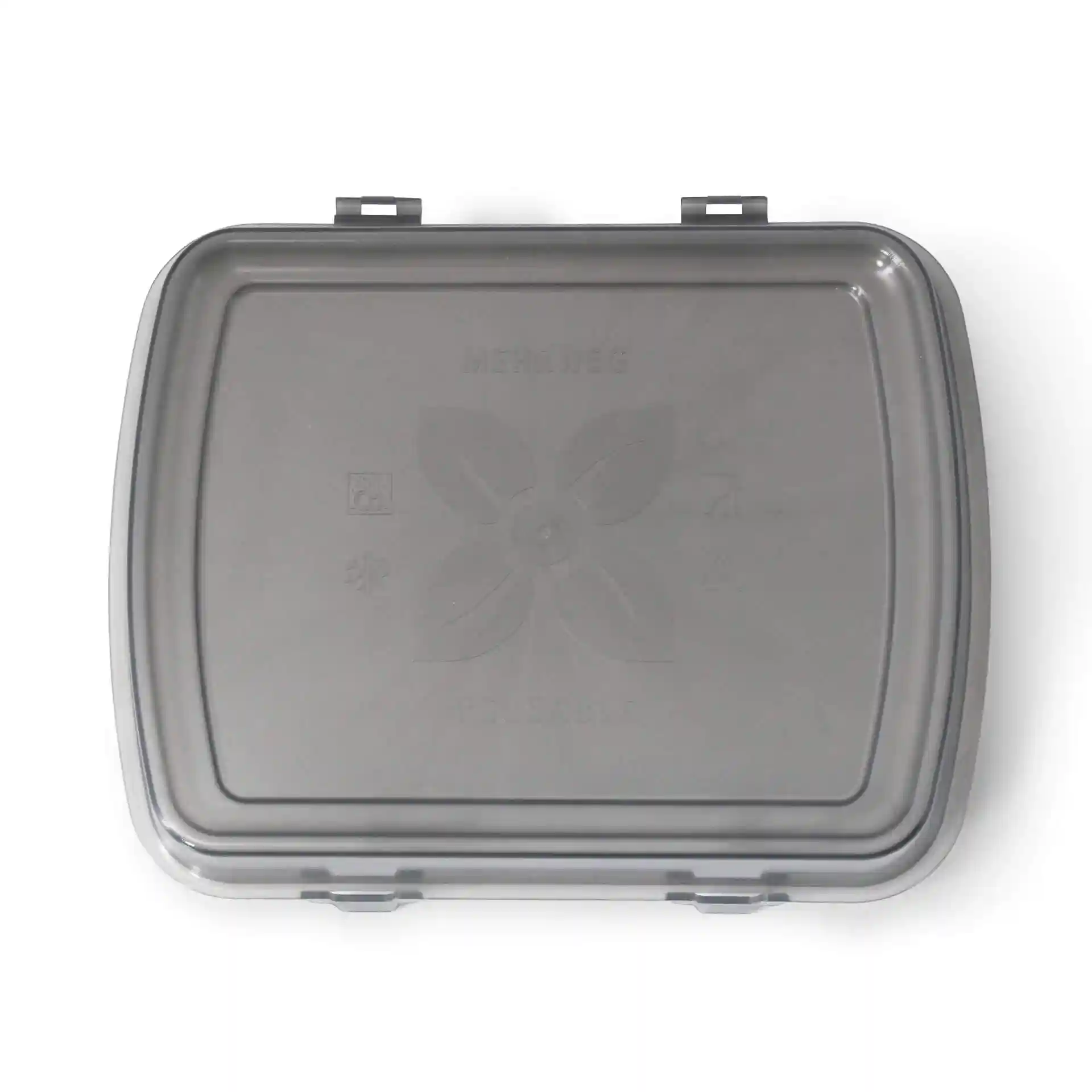 Grau rechteckiger wiederverwendbarer Deckel für eine Box, 24,5 x 20 x 4,5 cm, aus PP-Material.