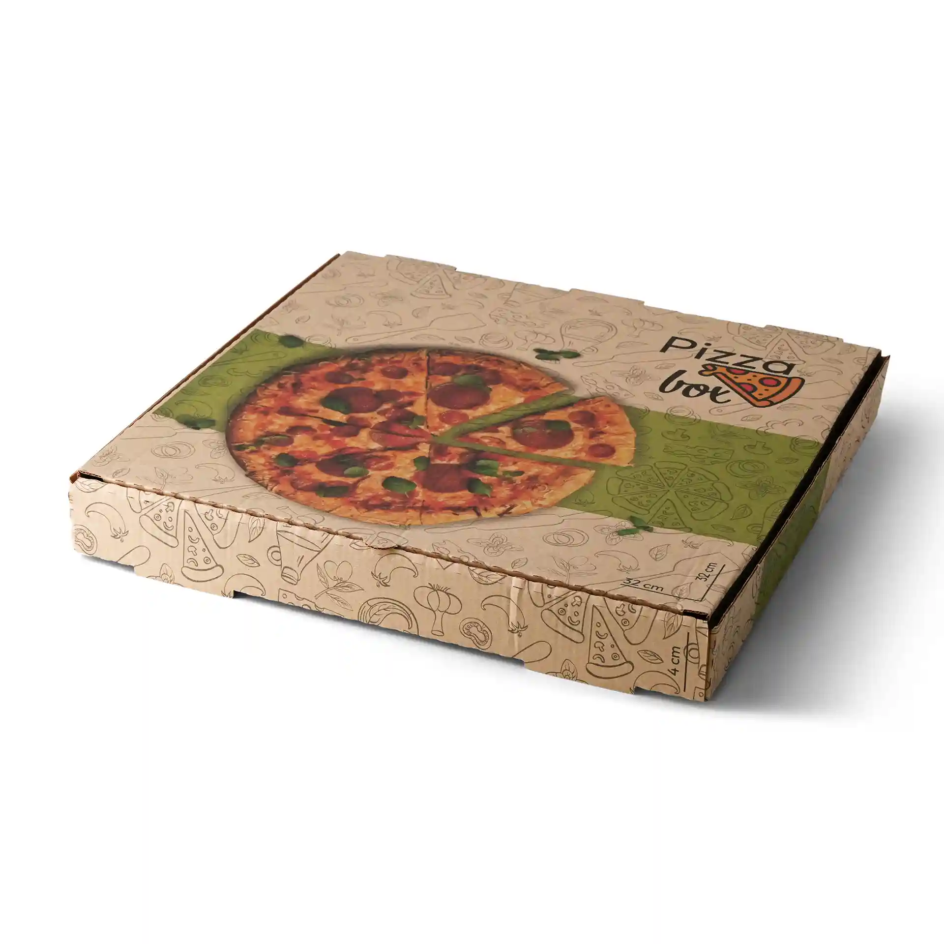 Braune Pizzaschachtel mit einer Pizzagrafik oben, 32 x 32 x 4 cm, mit dekorativen Lebensmittelillustrationen.