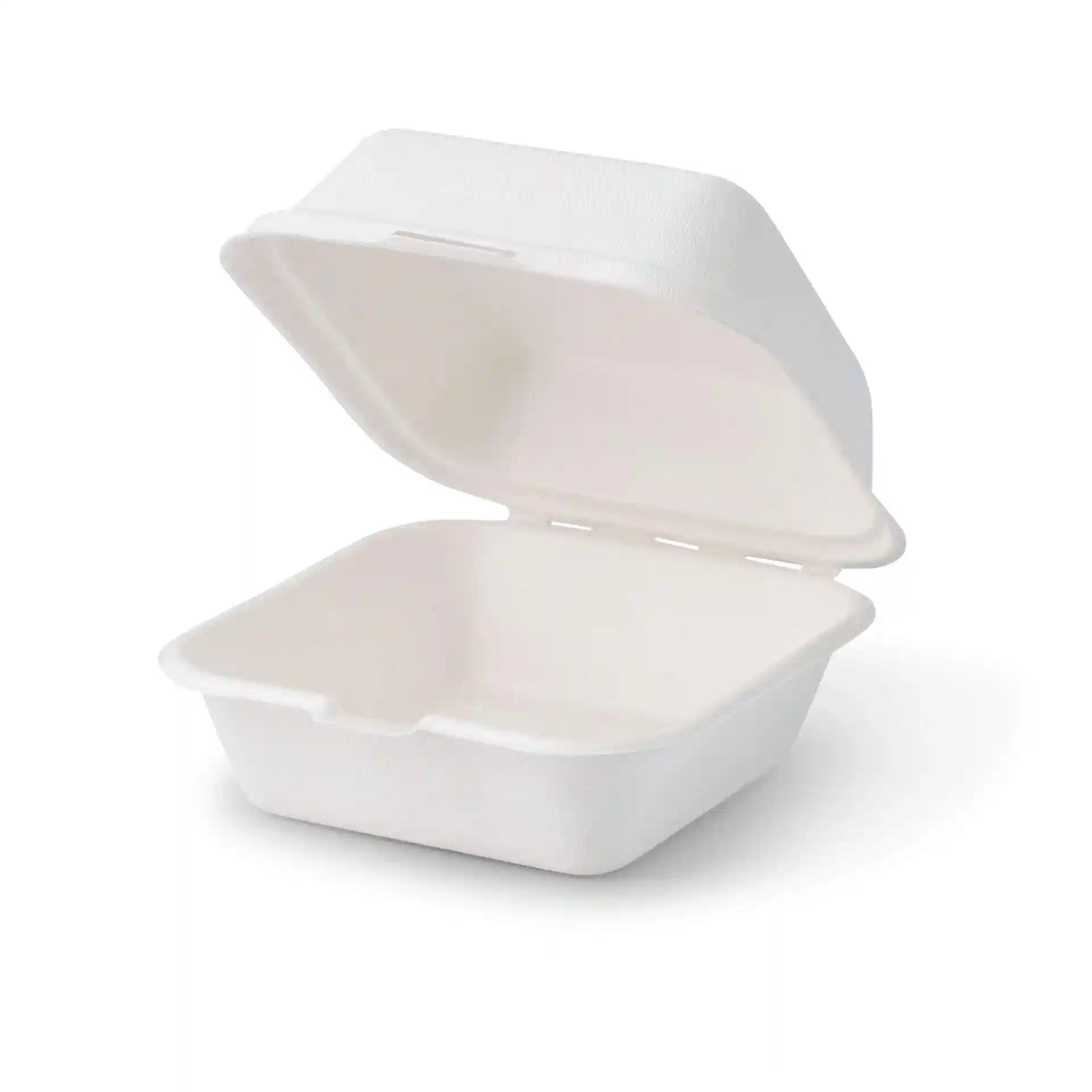 White sugarcane burger box with a square shape, open lid, and dimensions of 15 x 15 x 8 cm.