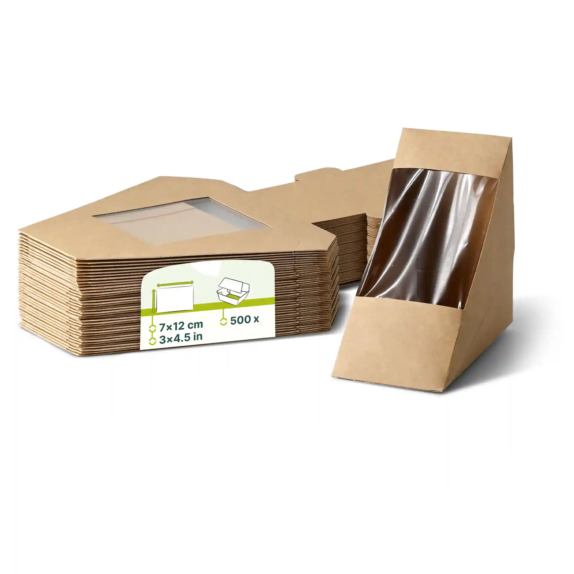 Brown cardboard sandwich wedges with a PLA window, triangular shape, and a visible stack of multiple items.