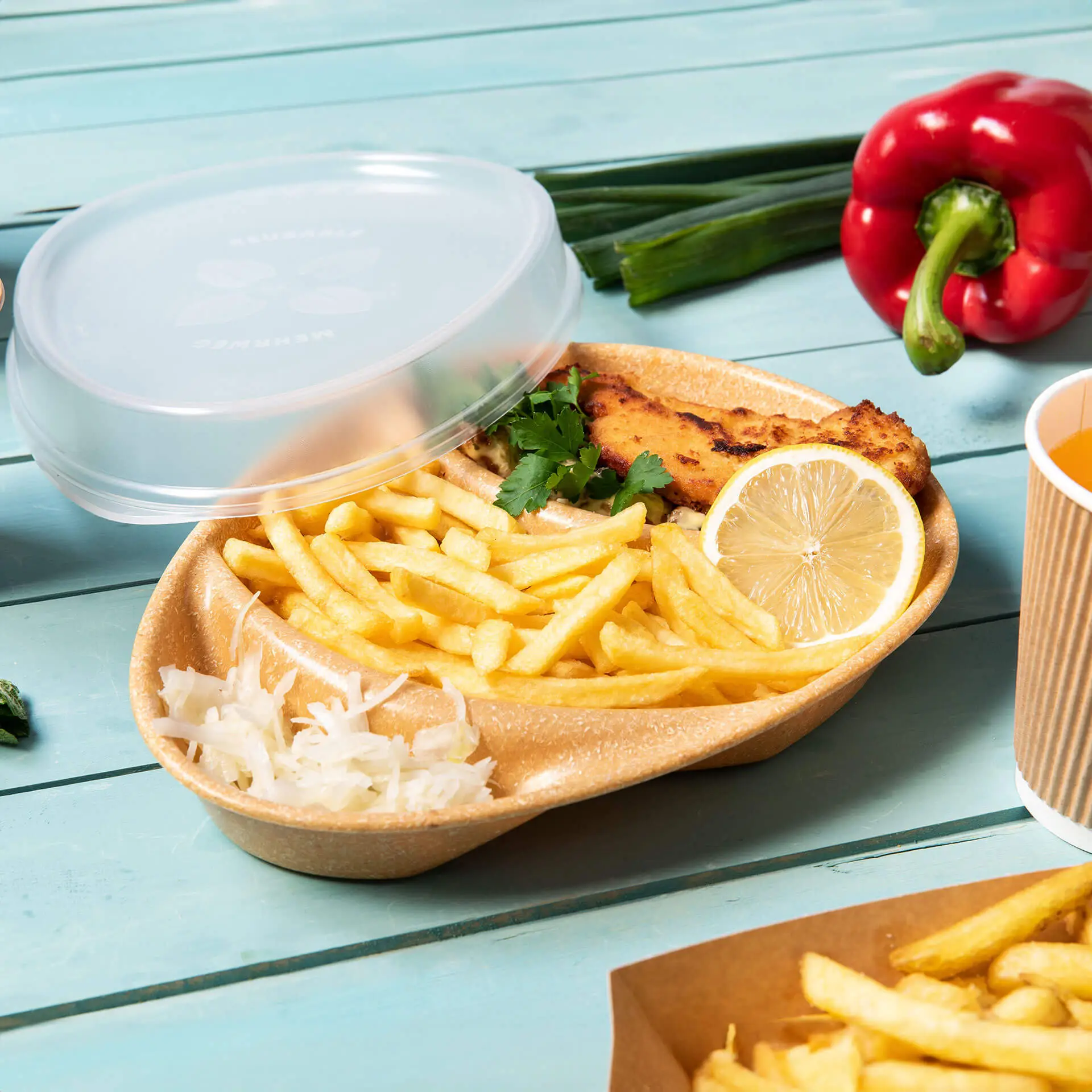 | 2 FOR 1 | Reusable menu-plates "merways Plate" 27.5 x 20 x 3.5 cm, 3 compartments, tear drop, caramell / brown dfc00835-2-fuer-1-mehrweg-menue-teller-merways-plate-275-x-20-x-35-cm-3-kammern-tropfenfoermig-karamell-braun-6