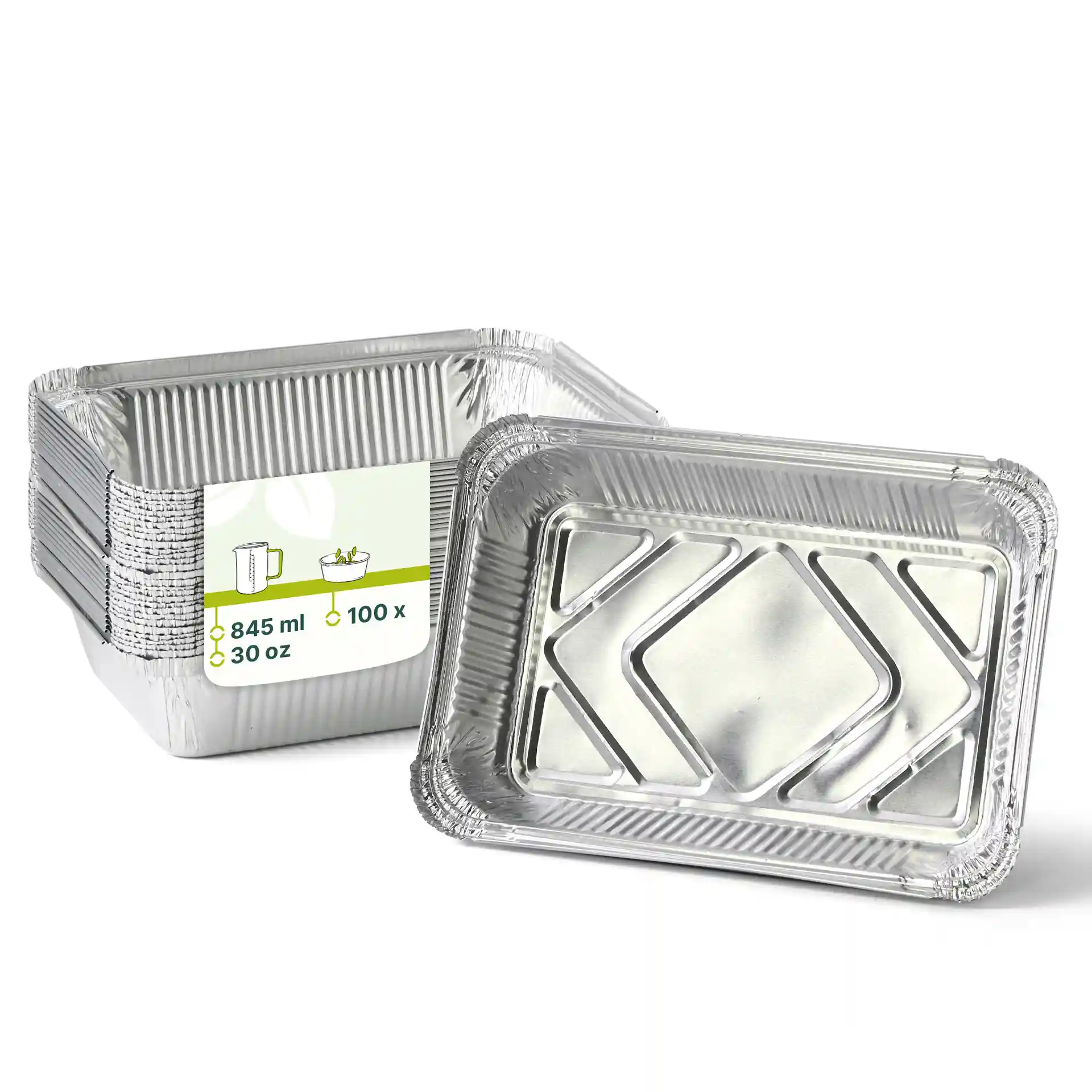 Rechteckige Aluminiumbehälter mit einem Volumen von 845 ml, Maße 21,4 x 14,9 x 4,3 cm, gestapelt mit Etikett.