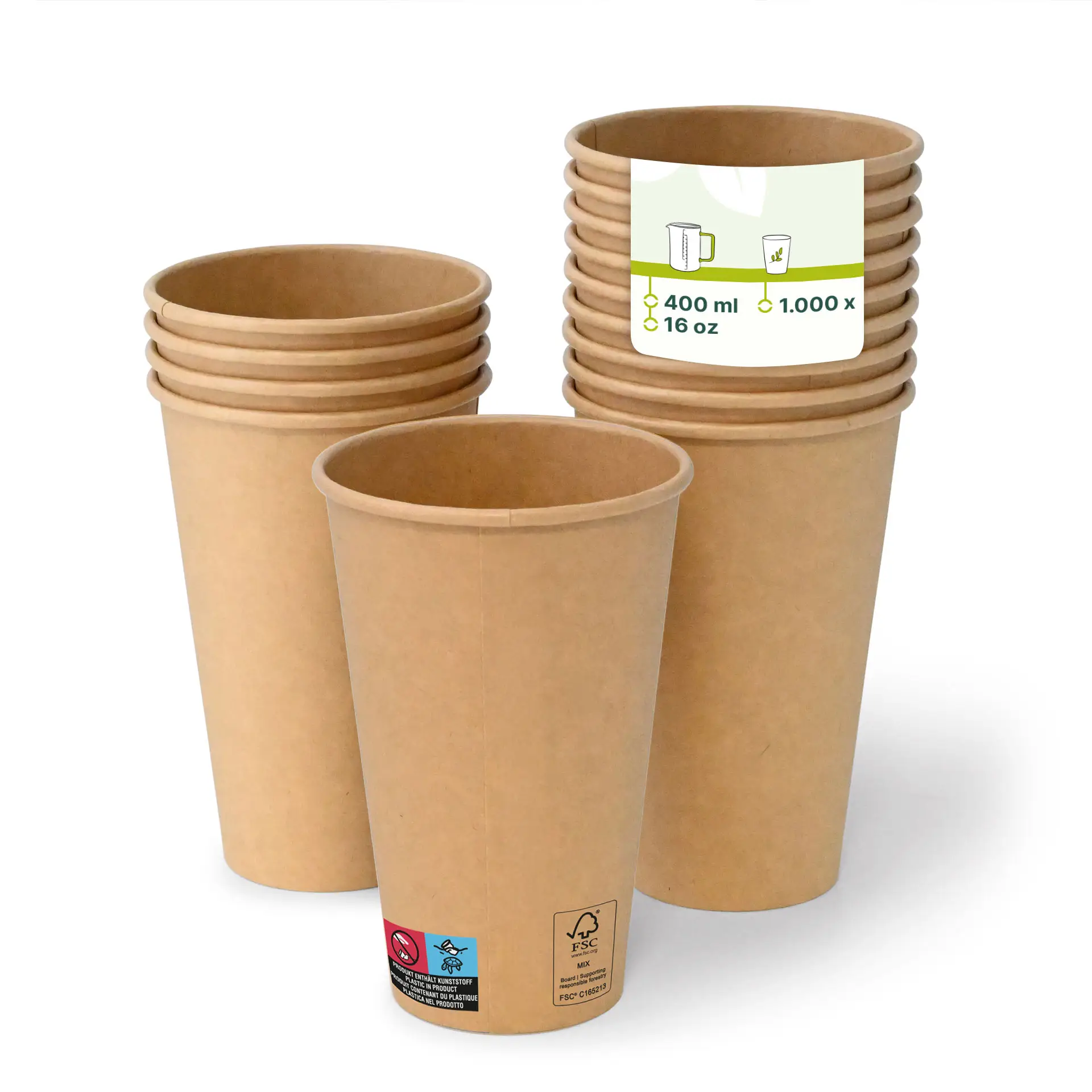 One brown paper cup (16 oz) in focus, with several more behind; featuring a PE-coating and a label with product details.