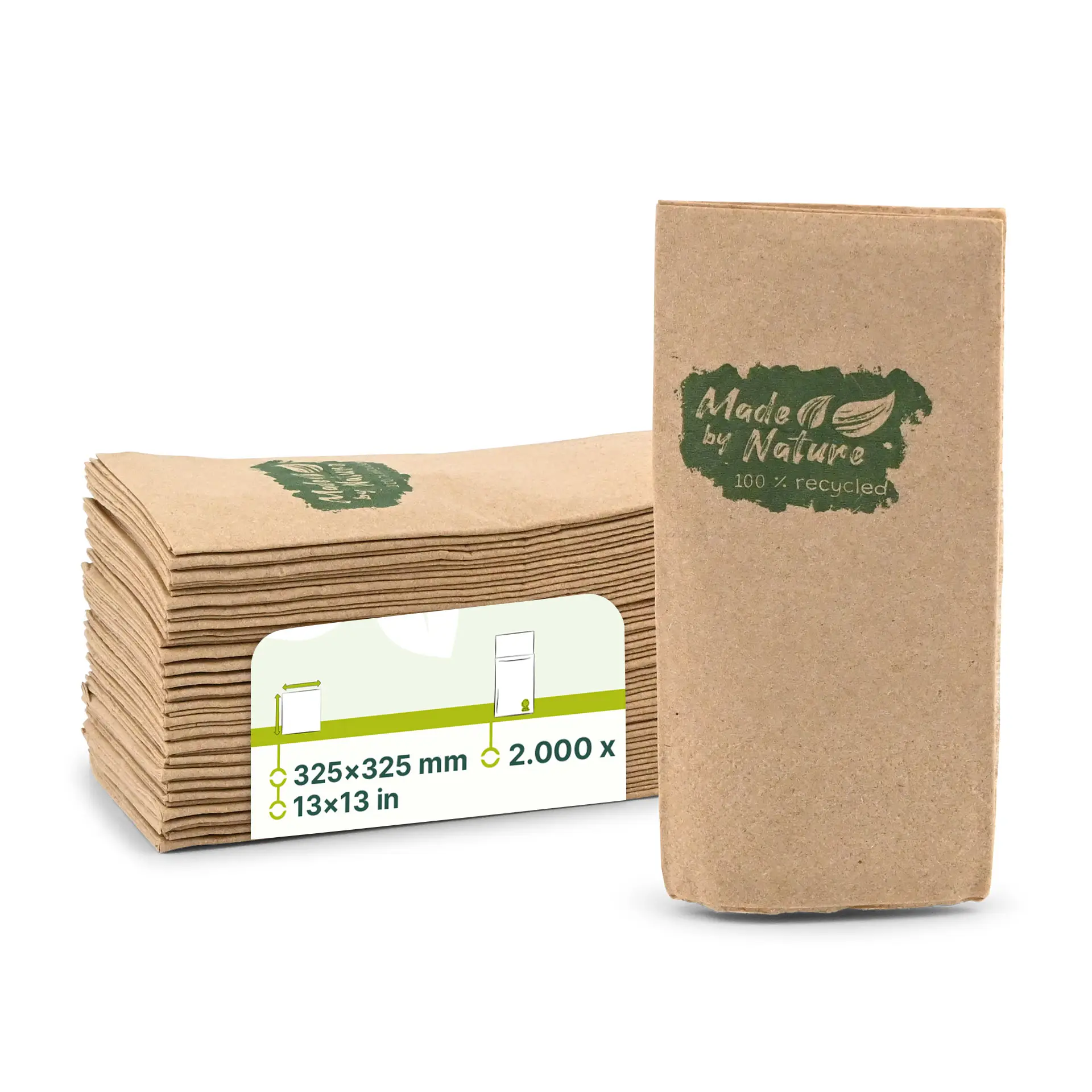 Servietten aus recyceltem Papier 32,5 x 32,5 cm, 2-lagig, 1/8 Falz, ungebleicht, "Made by Nature" Servietten aus recyceltem Papier 32,5 x 32,5 cm, 2-lagig, 1/8 Falz, ungebleicht, "Made by Nature"