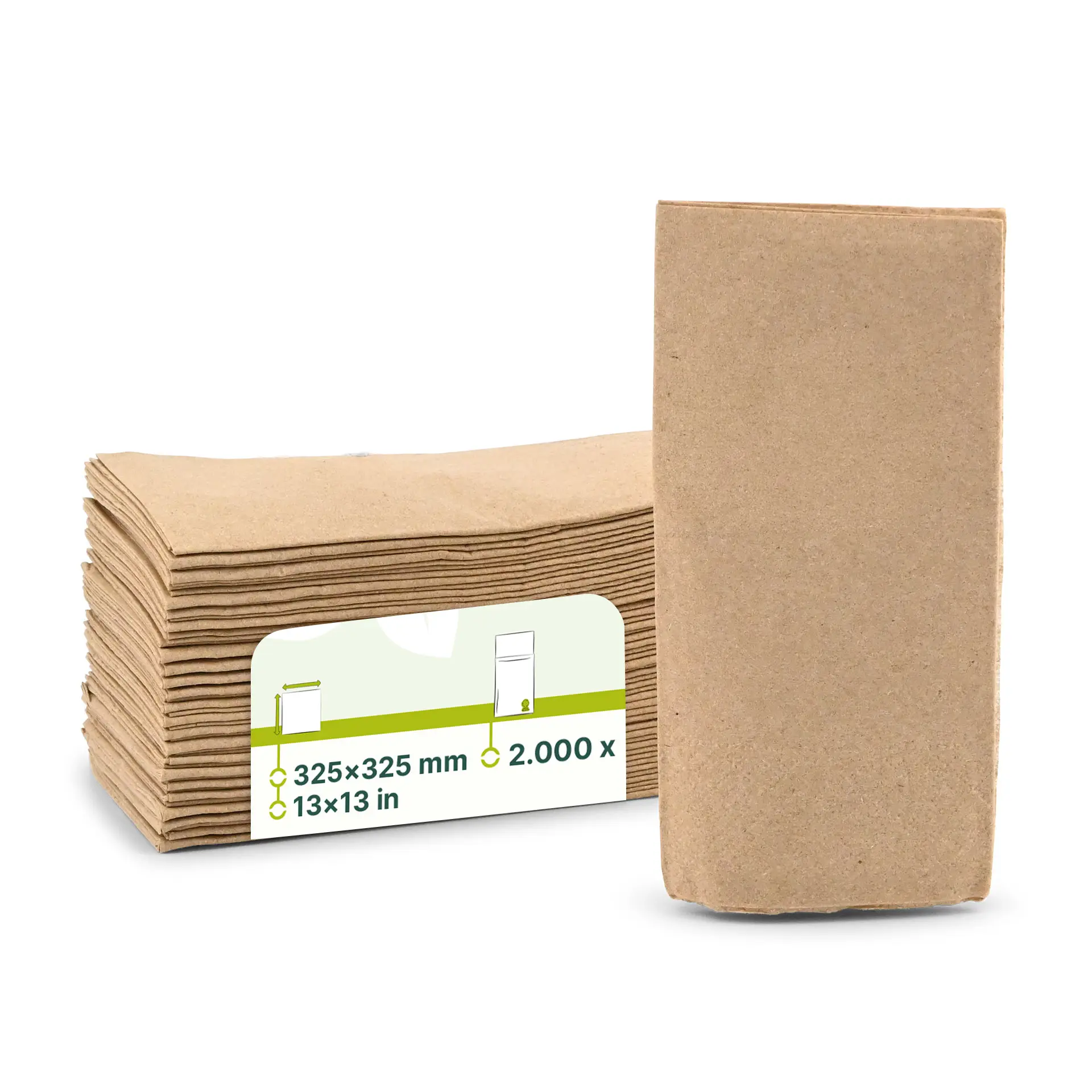 Stapel aus ungebleichten, recycelten Papierservietten, 32,5 x 32,5 cm, mit Etikett für Produktdetails und Logo.