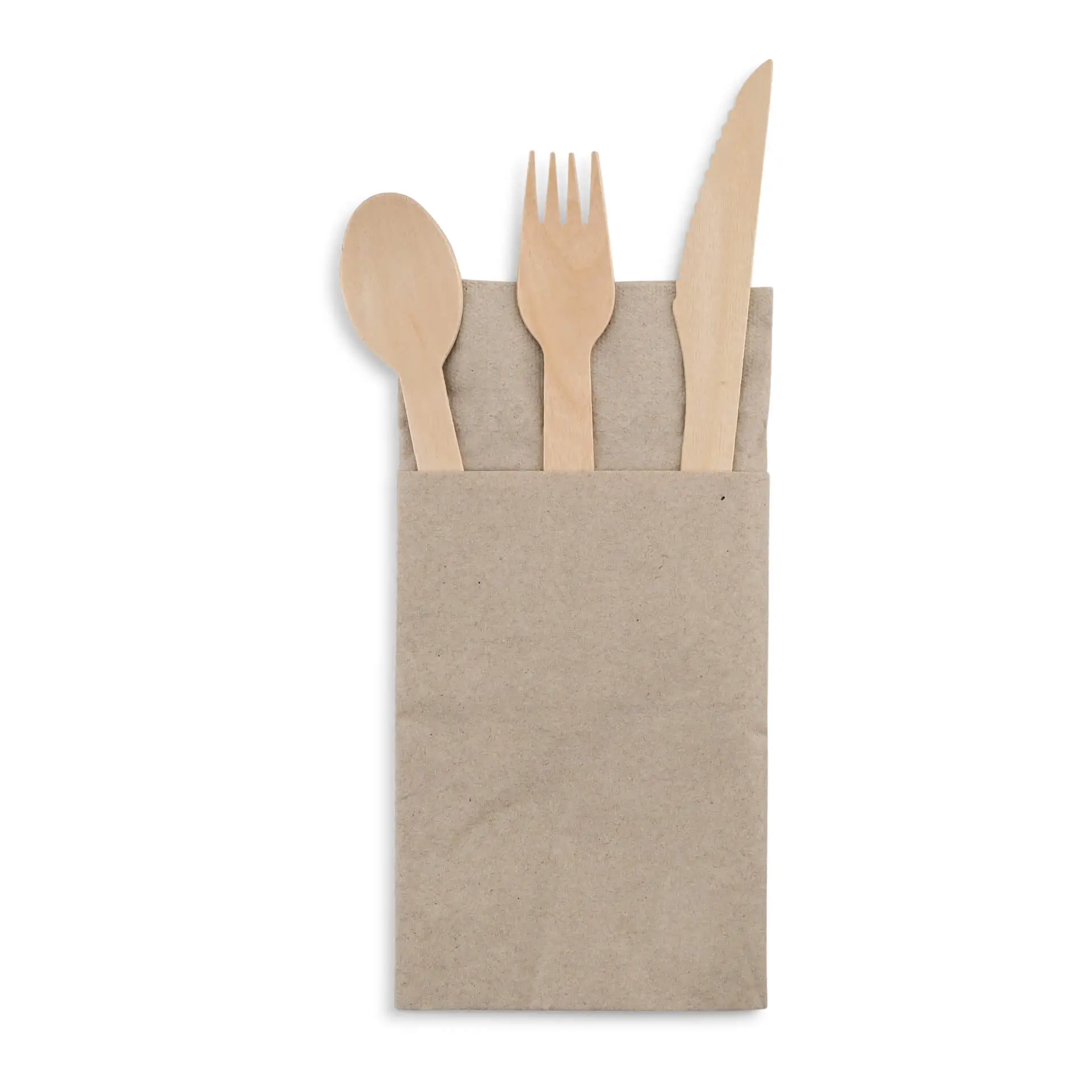 Wooden cutlery set with a spoon, fork, and knife in a brown paper pouch.