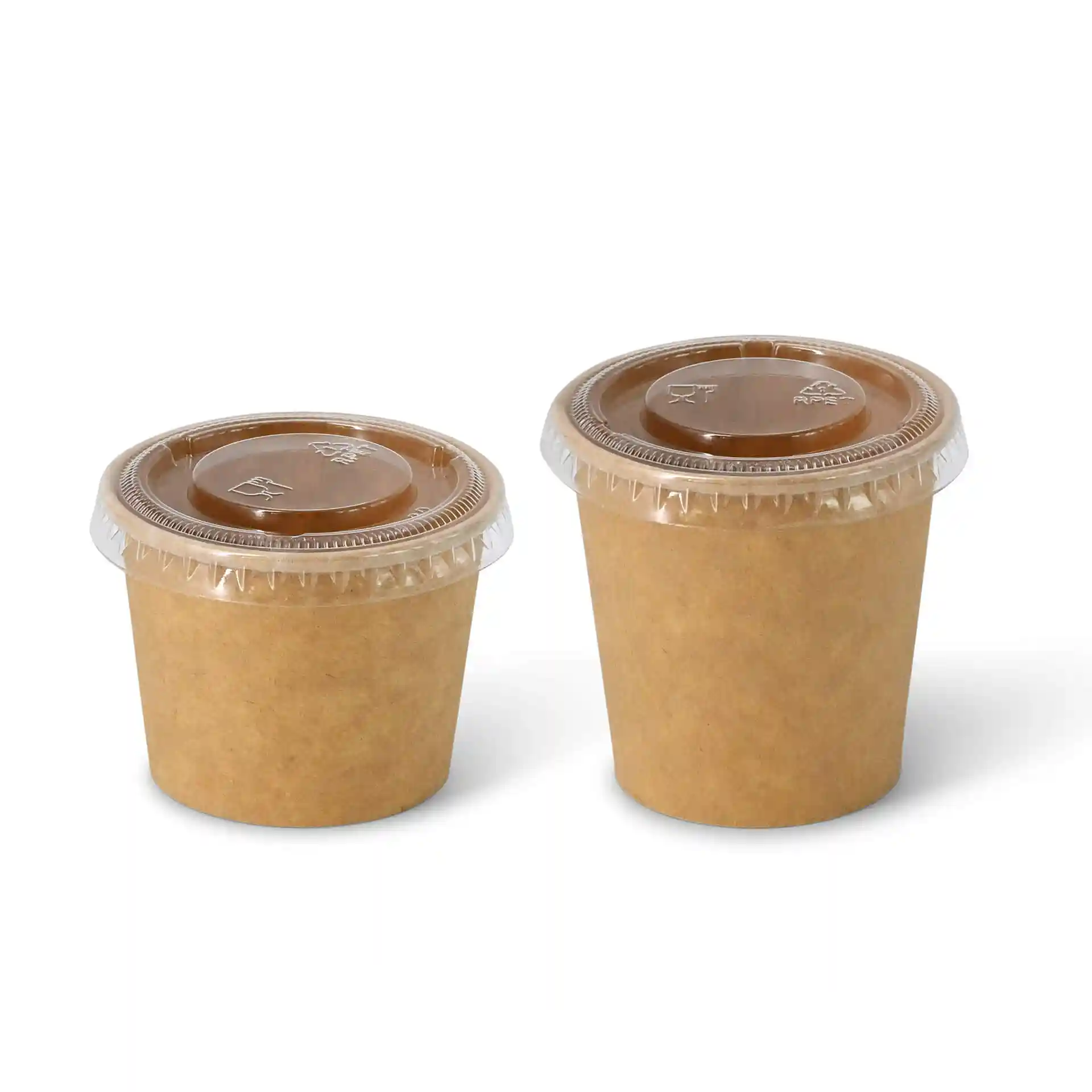 Two brown paper cups with transparent lids, one larger and one smaller, placed side by side.