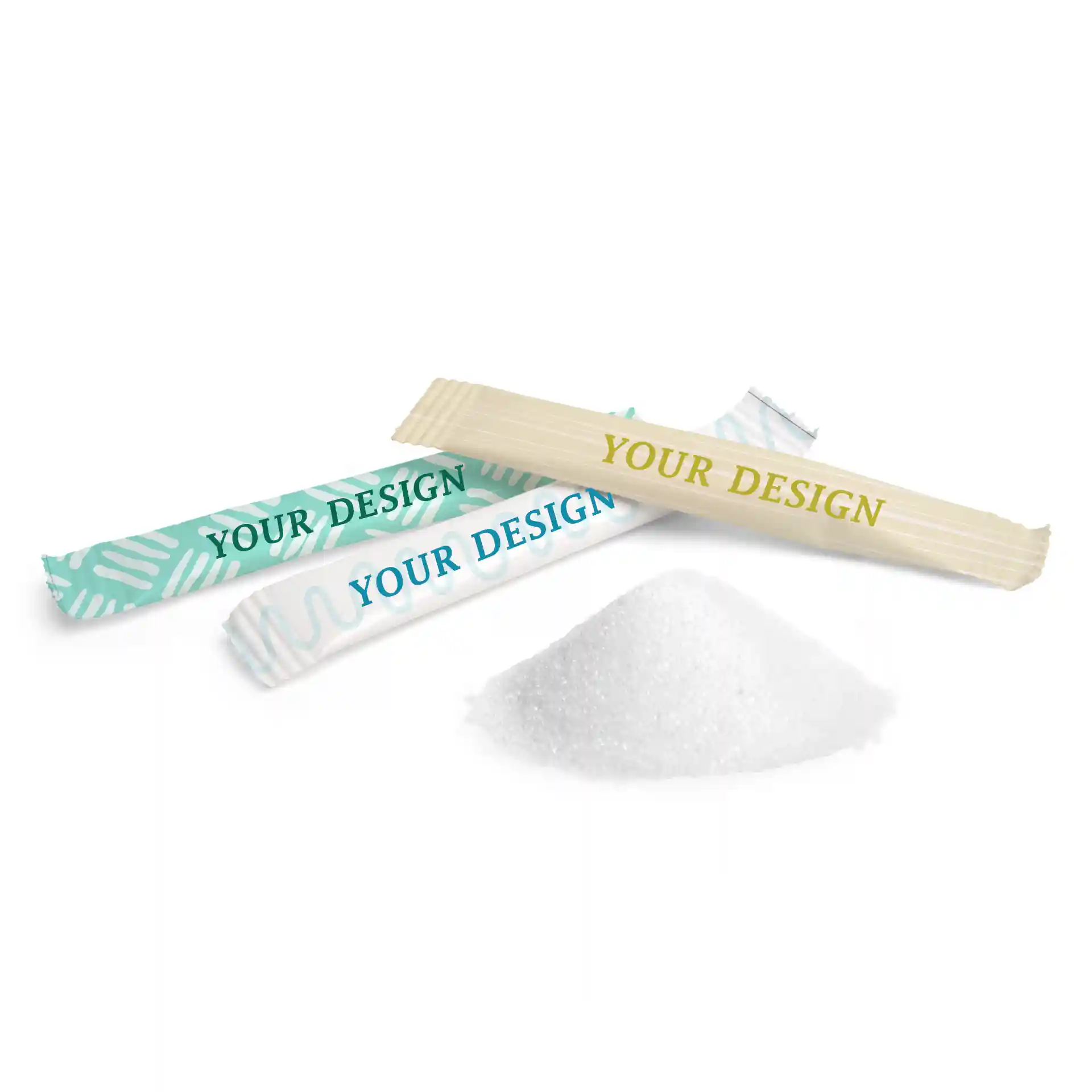 Zuckersticks mit verschiedenen Designs und einem Haufen weißen Zuckers auf einem schlichten Hintergrund.