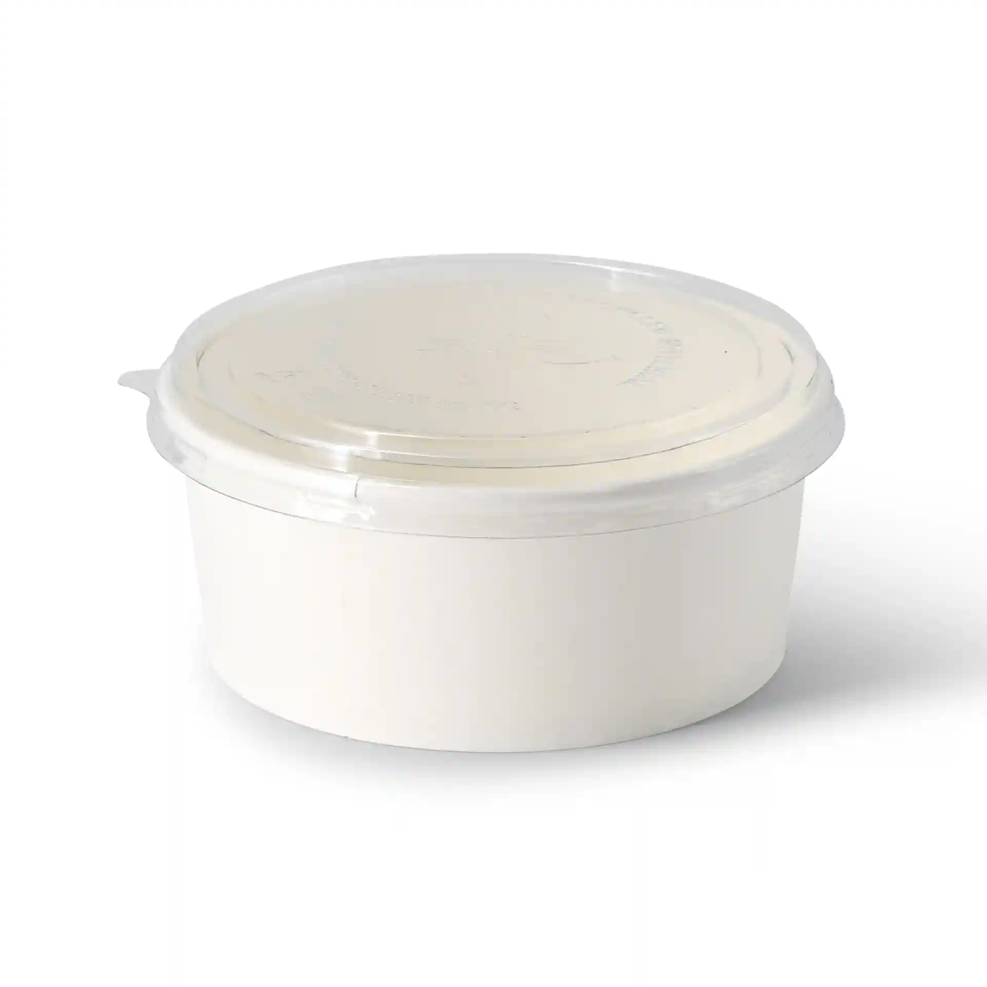 White round cardboard bowl with a clear lid, 150 mm diameter and 60 mm height, holding 750 ml volume.