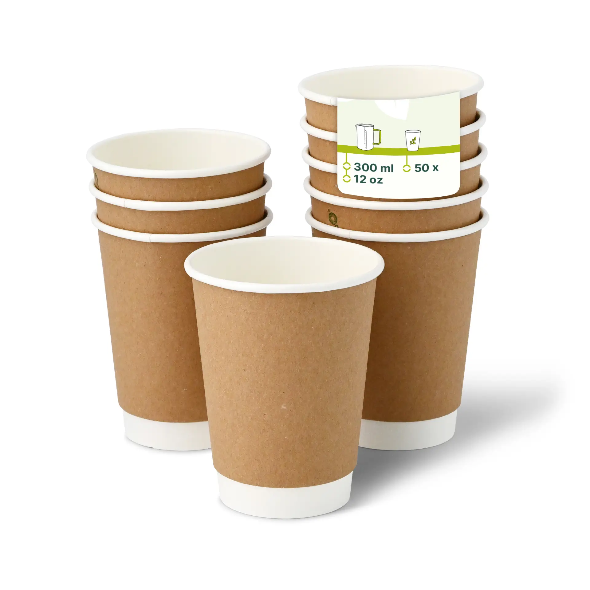 One brown double-walled coffee cup with a white interior, surrounded by several similar cups and a product label on top.
