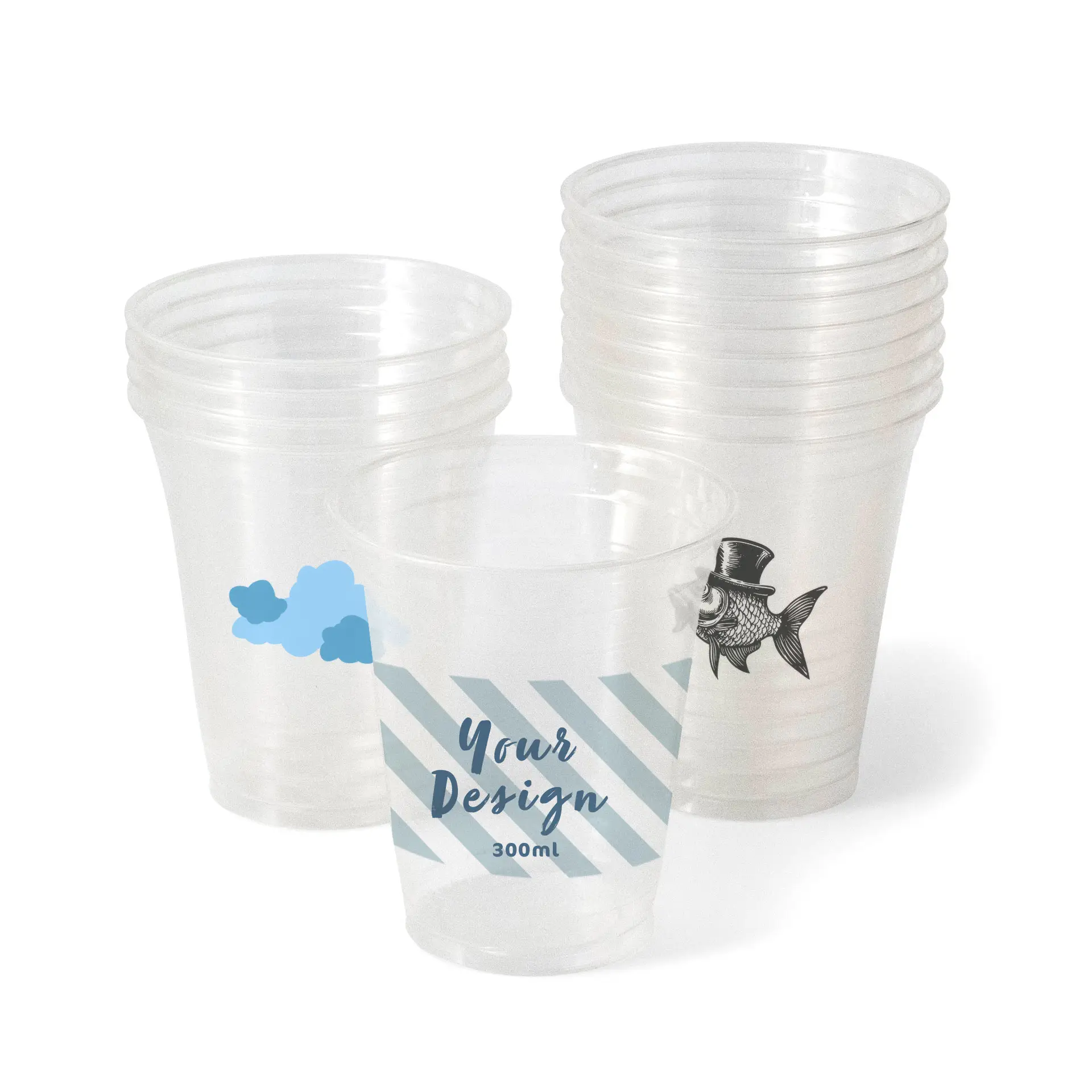 Clear PLA cups for cold drinks, featuring customizable designs, including blue clouds, stripes, and a fish graphic.