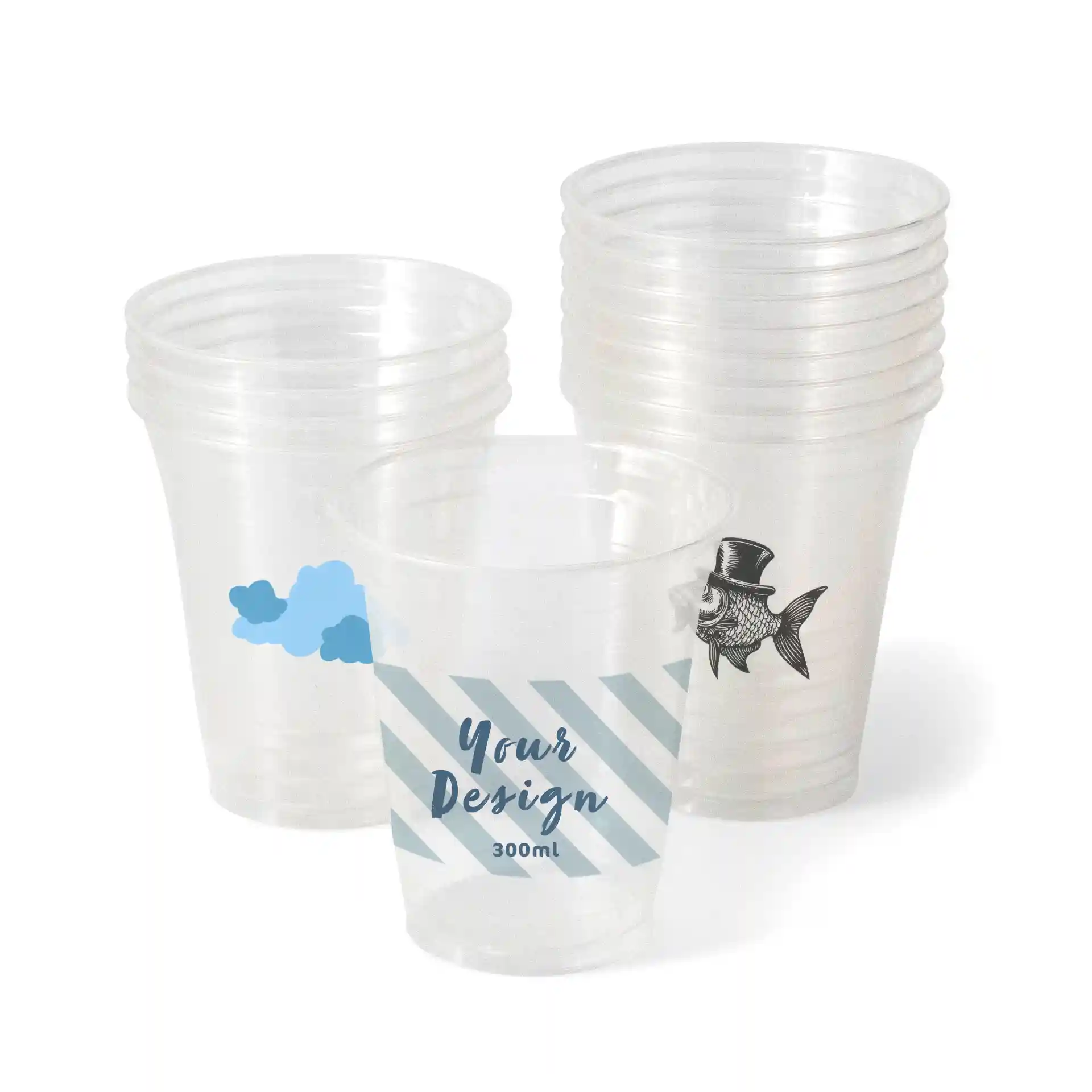 Clear plastic cups with various designs, including clouds and fish, stacked together, 300 ml capacity.