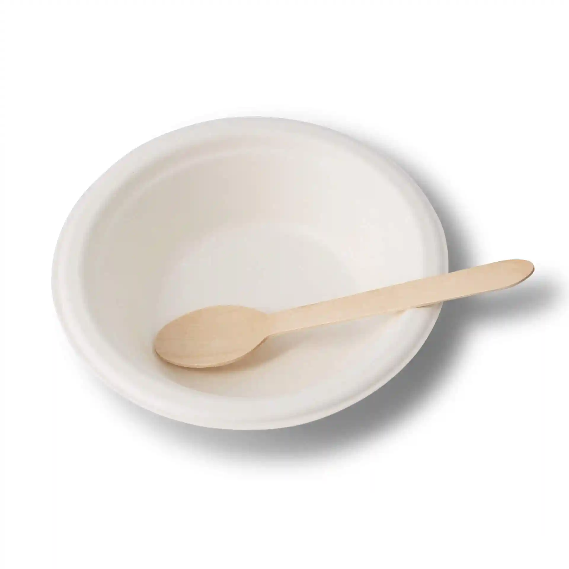 Round white sugarcane bowl with a wooden spoon resting inside, measuring 250 ml in volume.