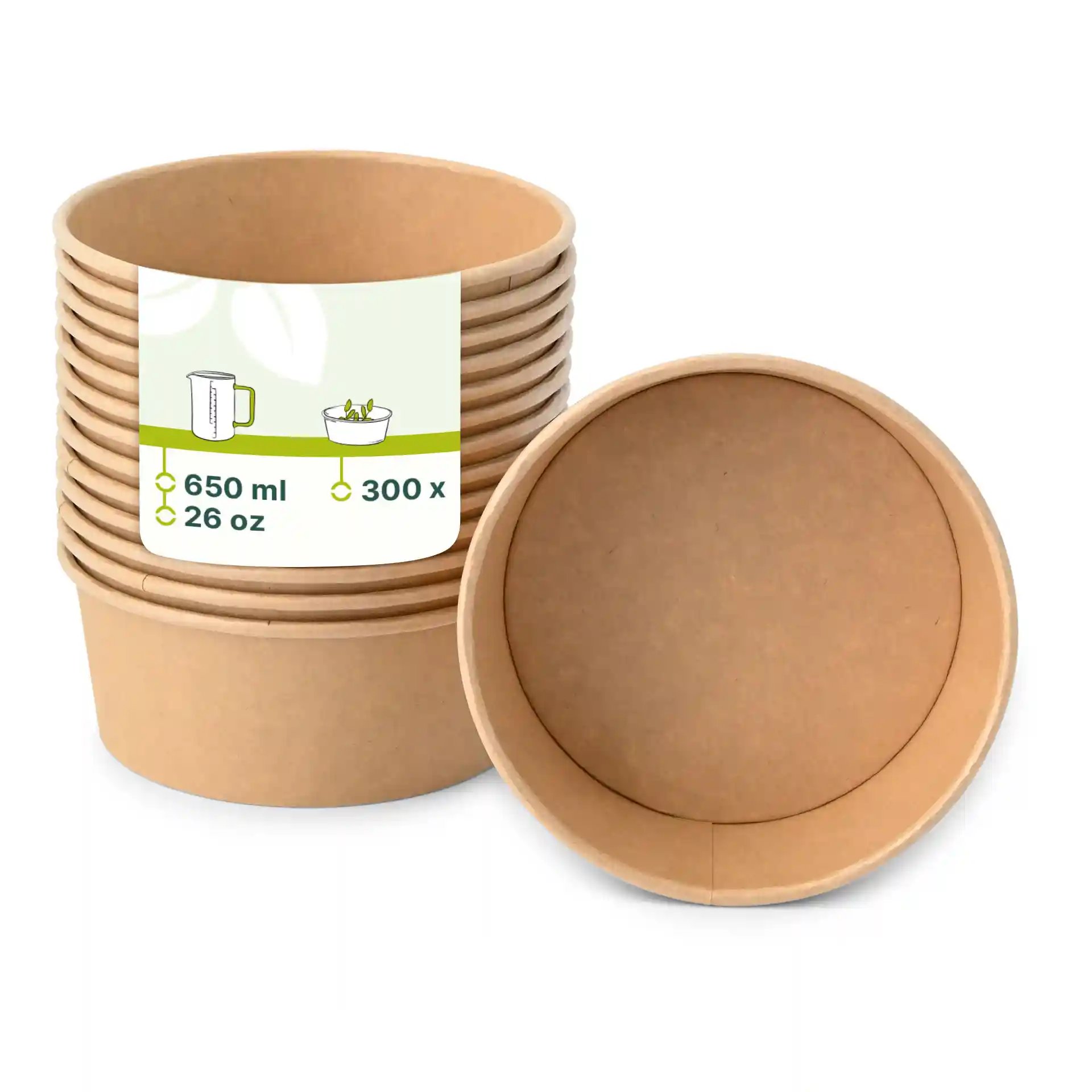 Stapel brauner Papierschalen mit einem Etikett, das eine Kapazität von 650 ml und Abmessungen zeigt, eine Schale liegt auf der Seite.