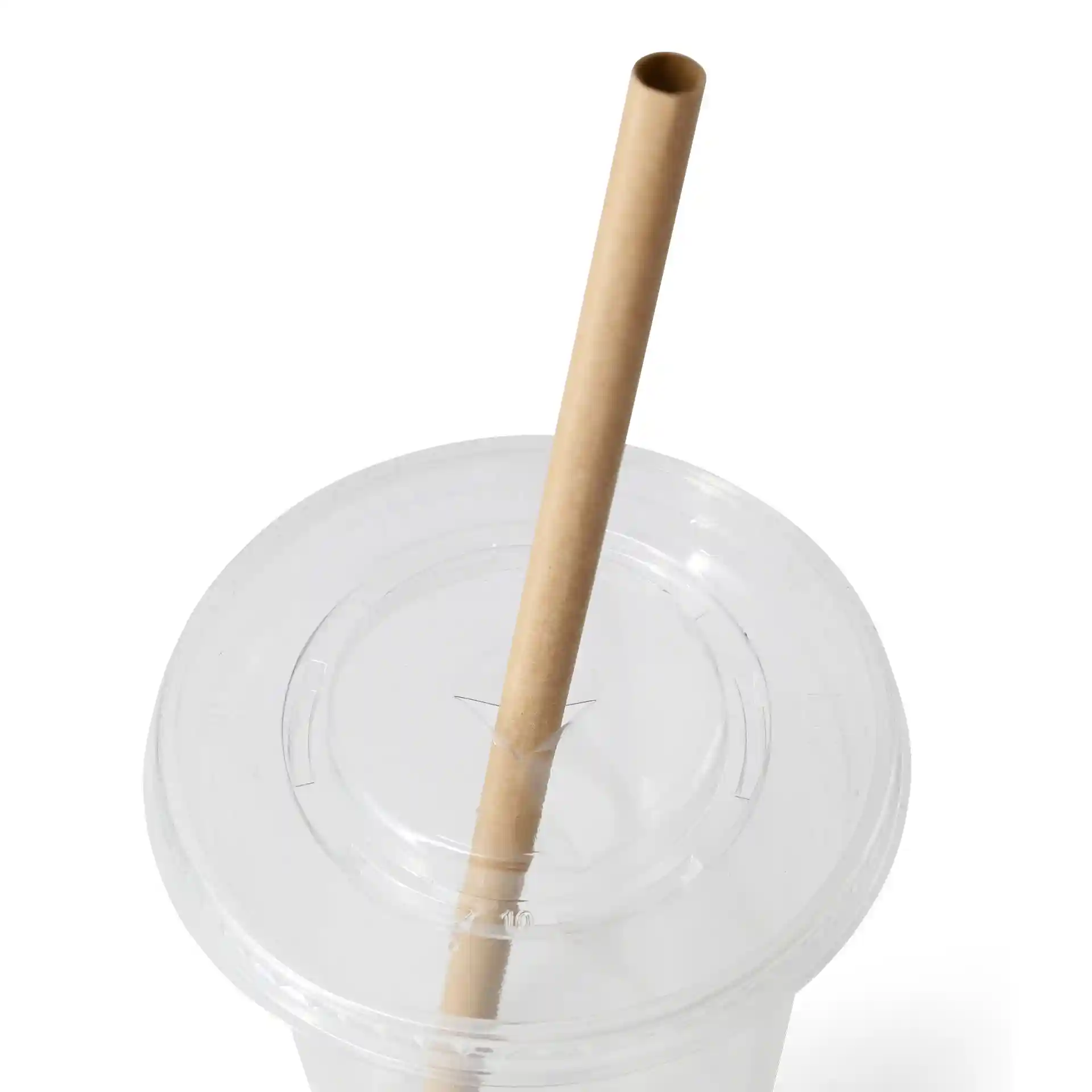 Brown paper straw inserted into a clear plastic cup with a lid.