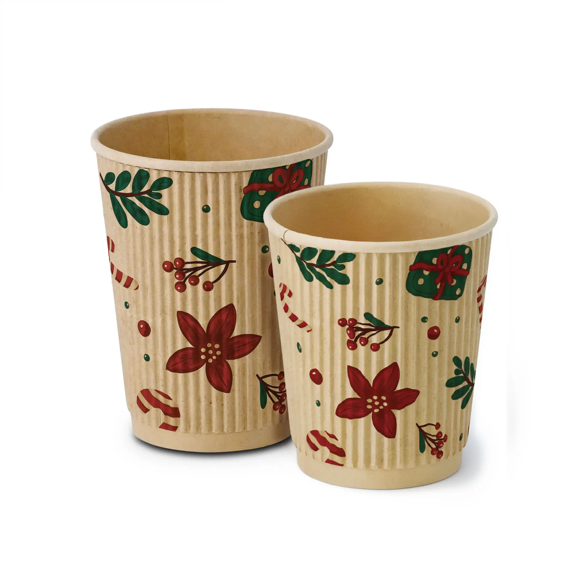 Braune Becher mit Winterdesign, roten Blumen, grünen Blättern und Zuckerstangen, in zwei Größen.