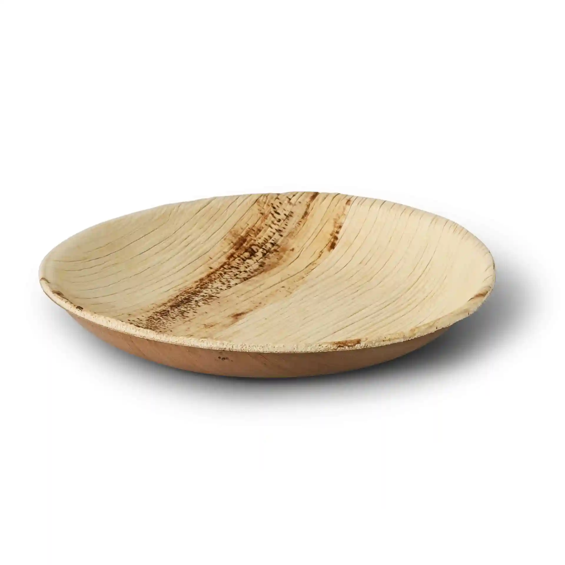 Runde Palmblattplatte mit einem Durchmesser von 15 cm, mit natürlichem Maserungsmuster und flachem Design.