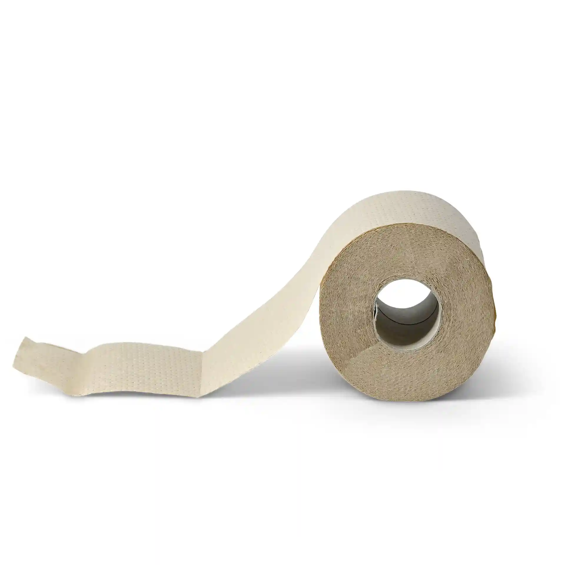 Roll of brown toilet paper made from recycled paper, 2-ply, with a visible portion unrolled.