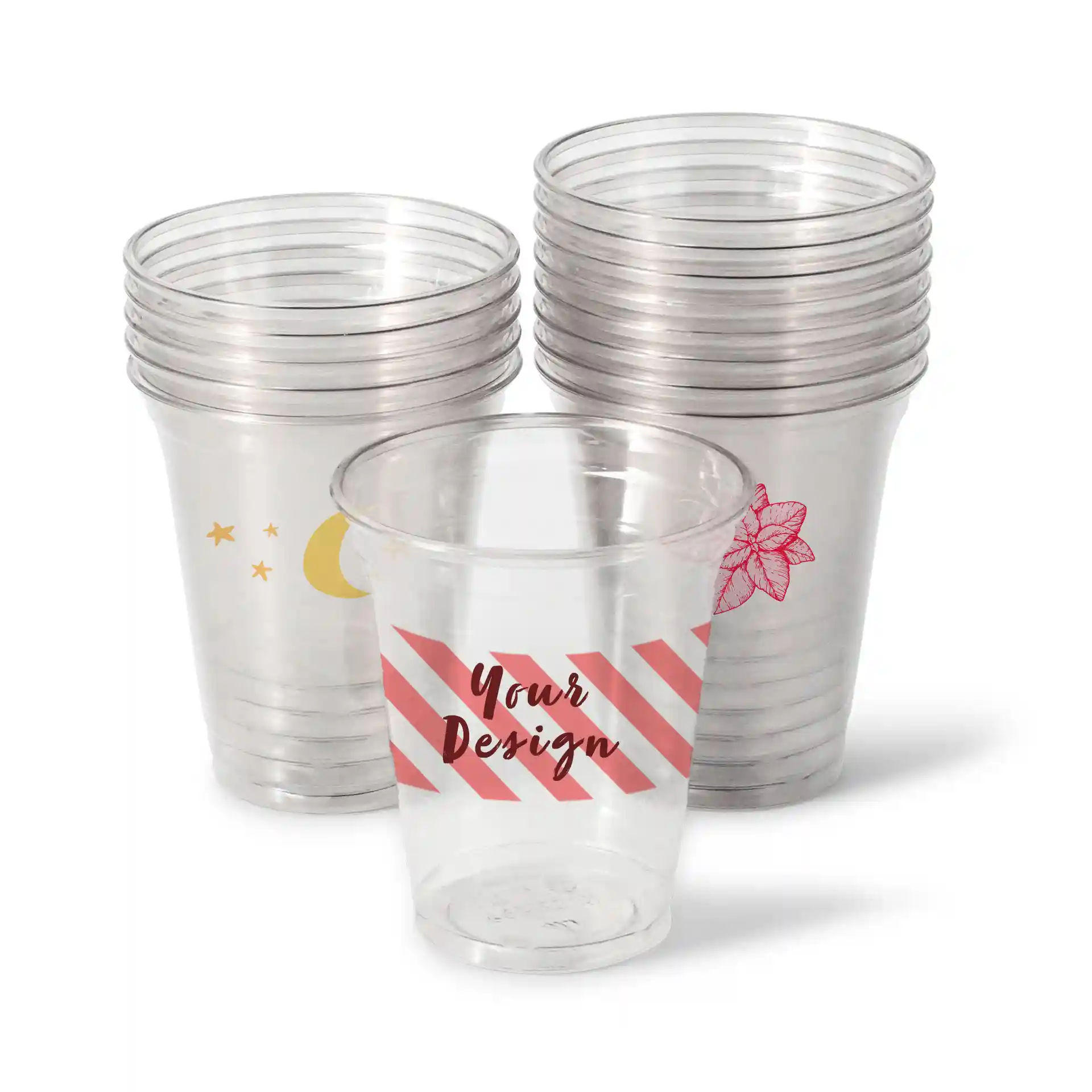 Clear 12 oz rPET cups with printed designs, including a cup with a striped pattern and floral elements.