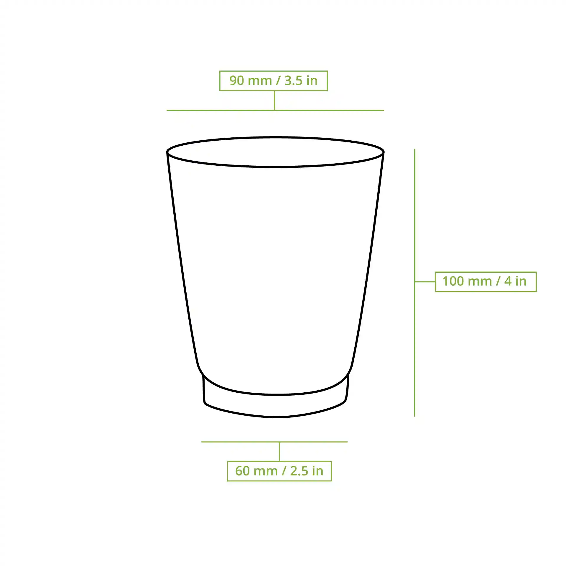 Schematische Zeichnung eines gerippten Bechers mit Abmessungen: Höhe 100 mm, oberer Durchmesser 90 mm, unterer Durchmesser 60 mm.
