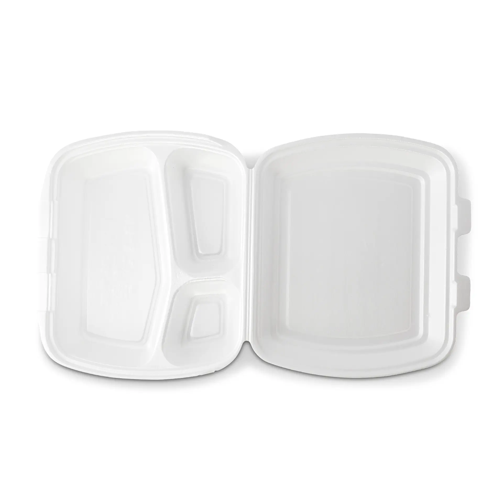 White take-out food container with one large section and two smaller compartments.