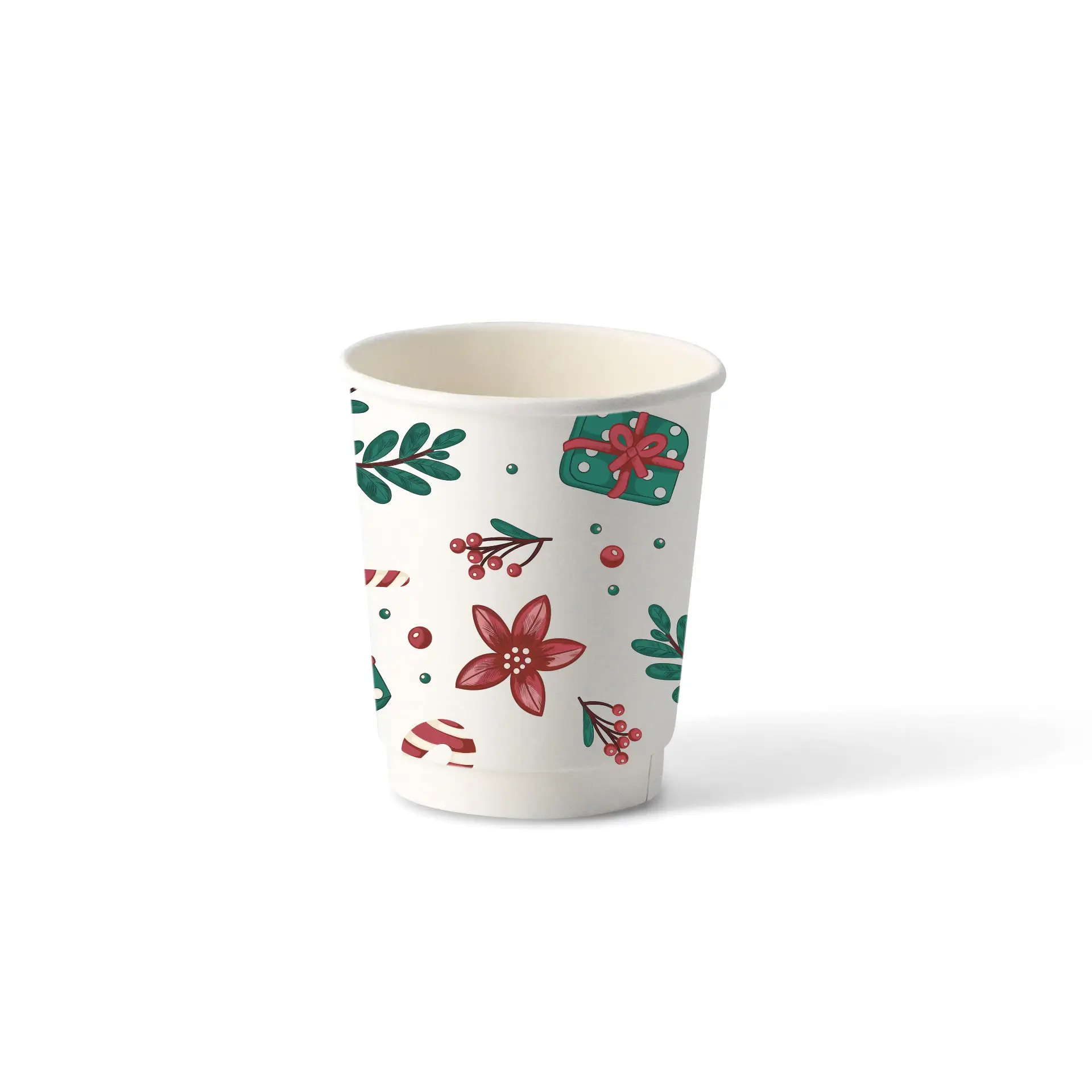 Double-wall coffee cup with winter design, 200 ml capacity, featuring flowers, leaves, and gift motifs on a white background.