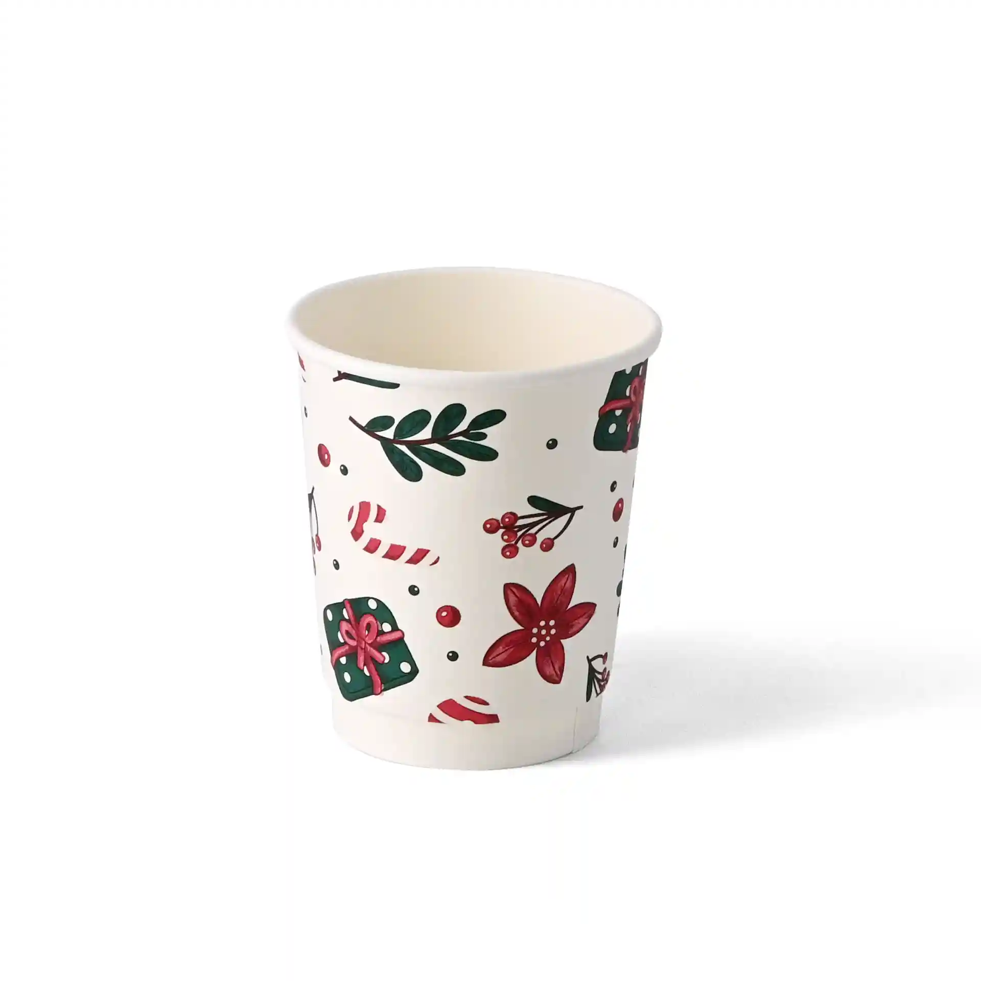 Double-wall coffee cup with a winter design, featuring red flowers, green leaves, and candy canes on a white background.